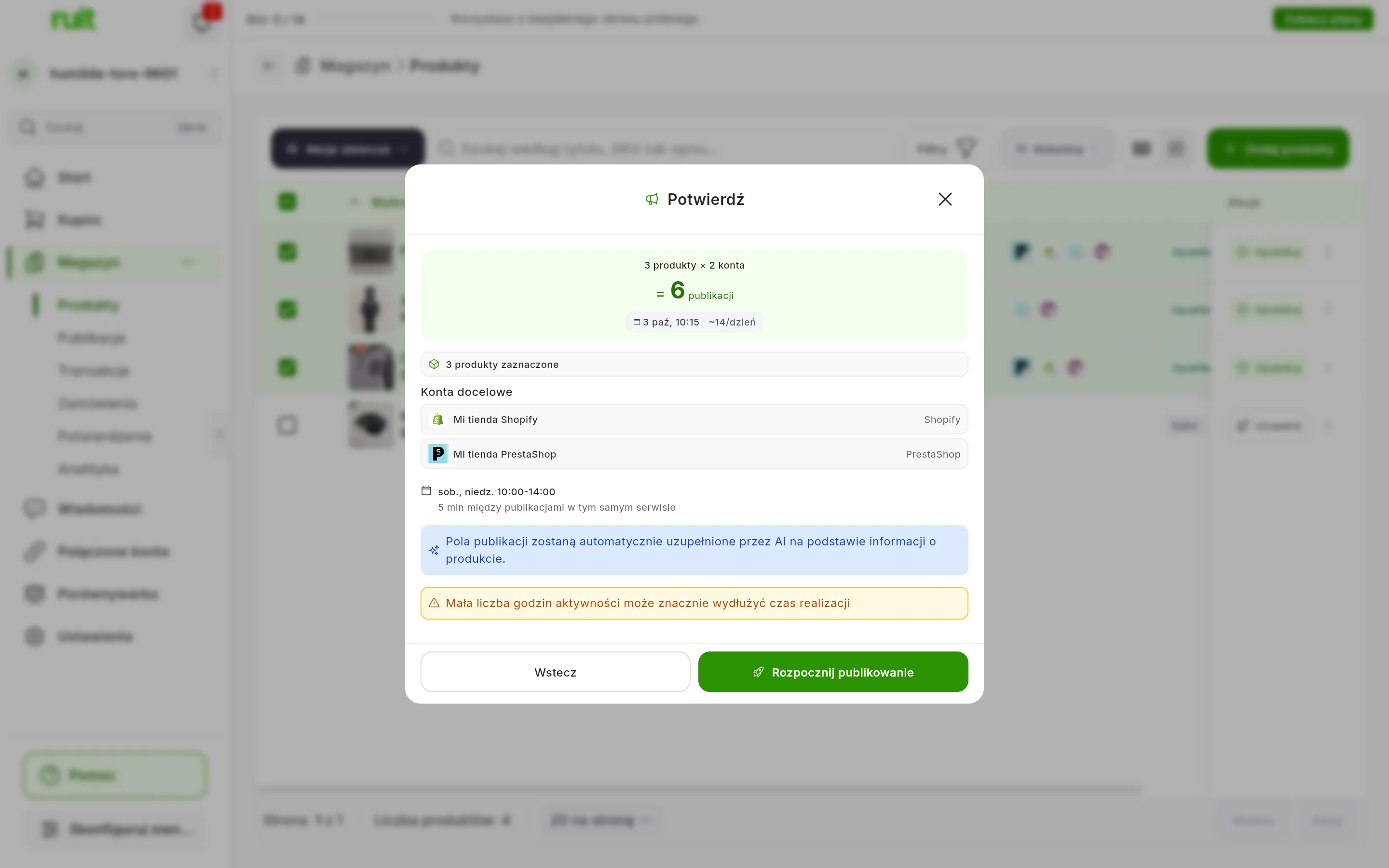 Krok Potwierdź zadania z szablonem Fines de semana: 3 produkty × 2 konta = 6 publikacji, z szacowaną datą zakończenia i średnią dzienną; harmonogram w sobotę i niedzielę od 10:00 do 14:00 z odstępem 5 min między publikacjami w tym samym serwisie, a na końcu bursztynowe ostrzeżenie Mała liczba godzin aktywności może znacznie wydłużyć czas realizacji