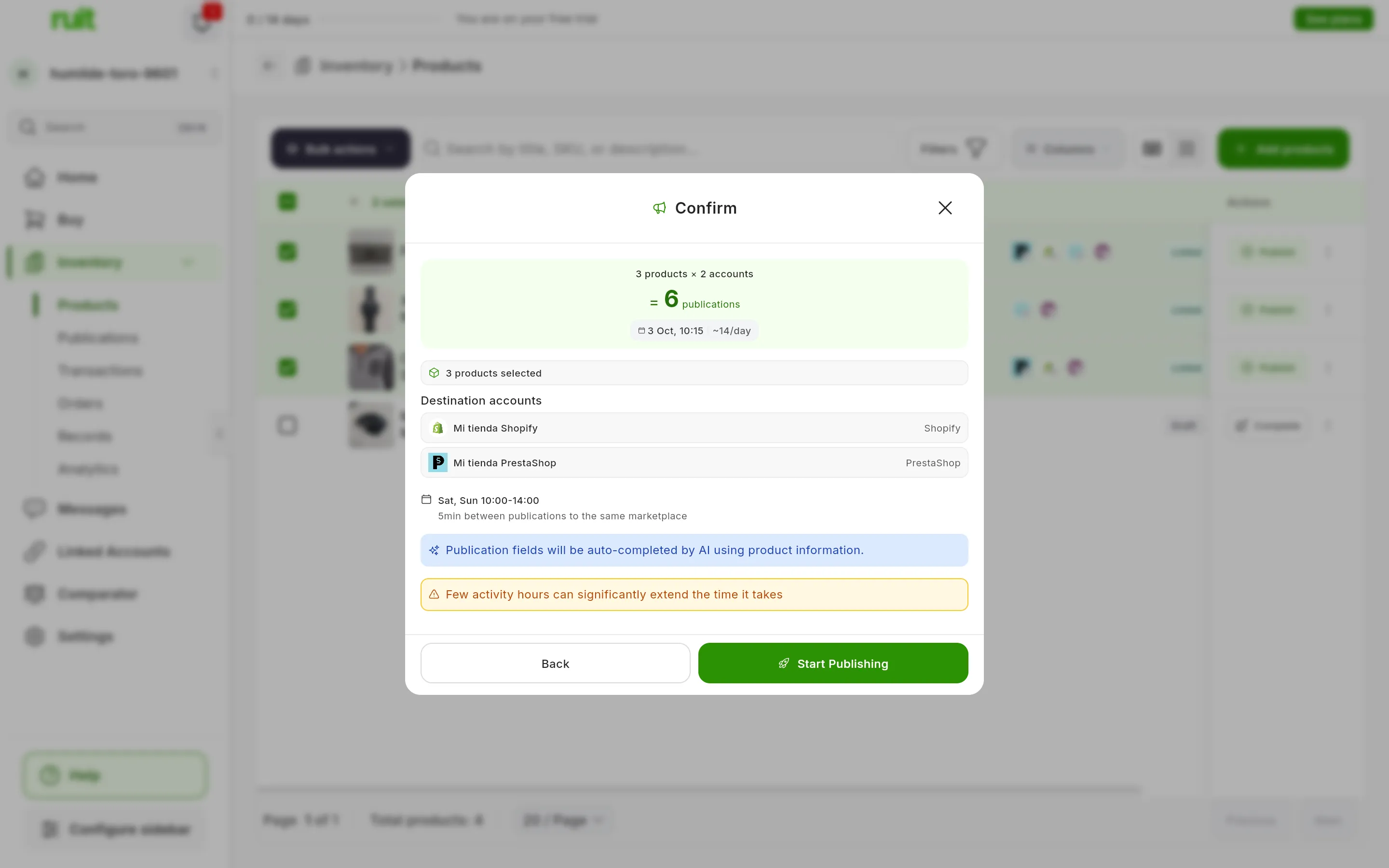 The Confirm step of a job with the Fines de semana preset: 3 products × 2 accounts = 6 publications, with the estimated finish date and the daily average; the Sat, Sun 10:00-14:00 schedule with 5min between publications to the same marketplace and, at the end, the amber notice Few activity hours can significantly extend the time it takes