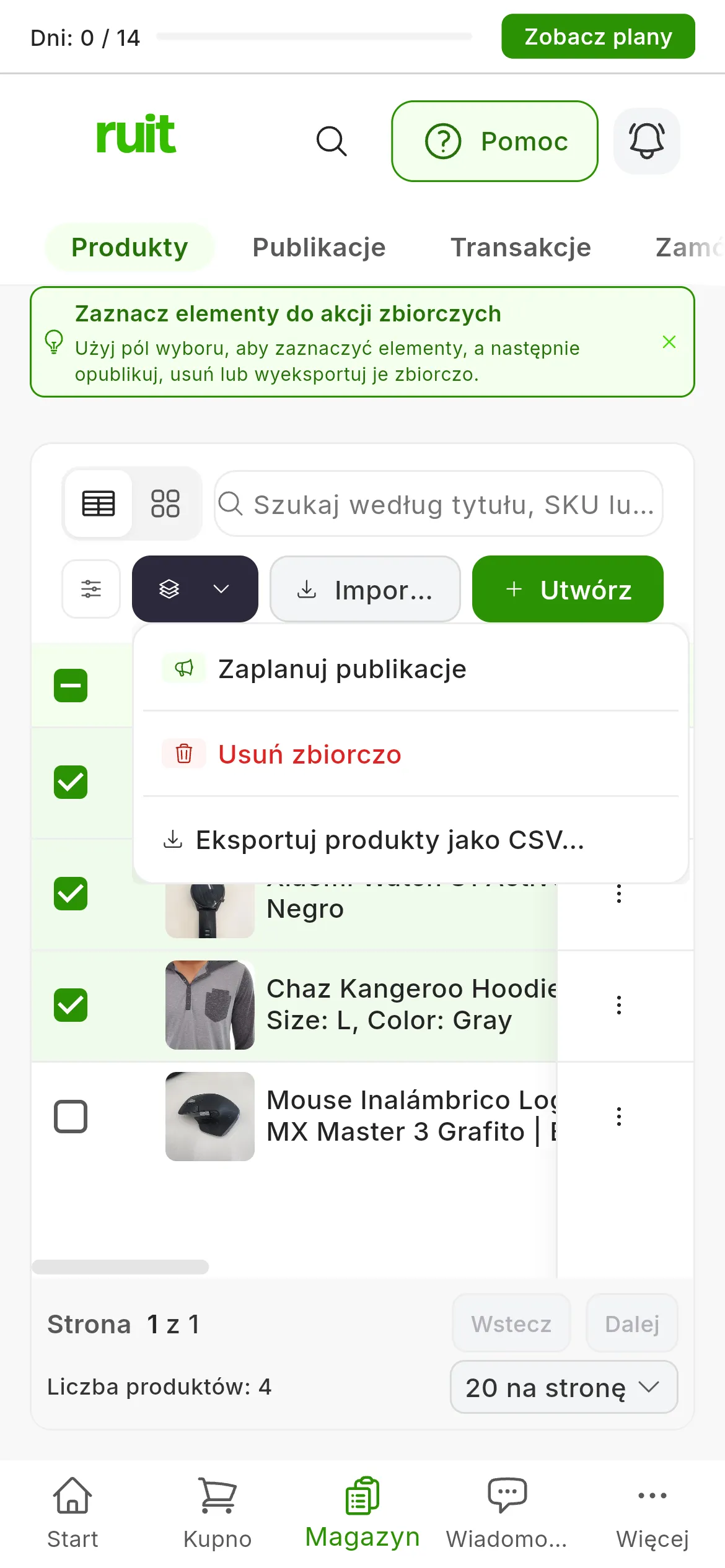 Tabela Produkty z trzema zaznaczonymi produktami i otwartym menu Akcje zbiorcze: Zaplanuj publikacje, Usuń zbiorczo i Eksportuj produkty jako CSV
