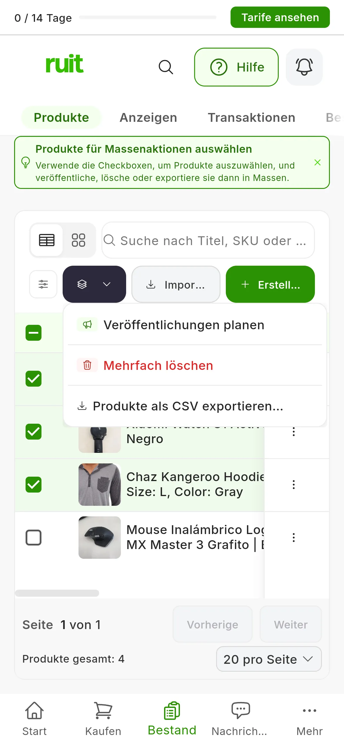 Die Produkttabelle mit drei markierten Produkten und dem geöffneten Menü Massenaktionen: Veröffentlichungen planen, Mehrfach löschen und Produkte als CSV exportieren