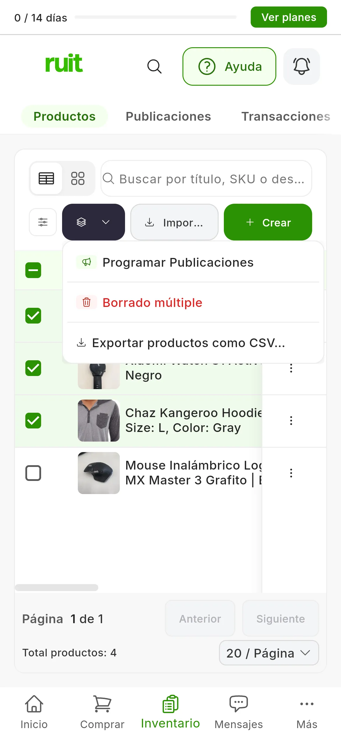 La tabla de Productos con tres productos marcados y el menú Acciones en lote abierto: Programar Publicaciones, Borrado múltiple y Exportar productos como CSV