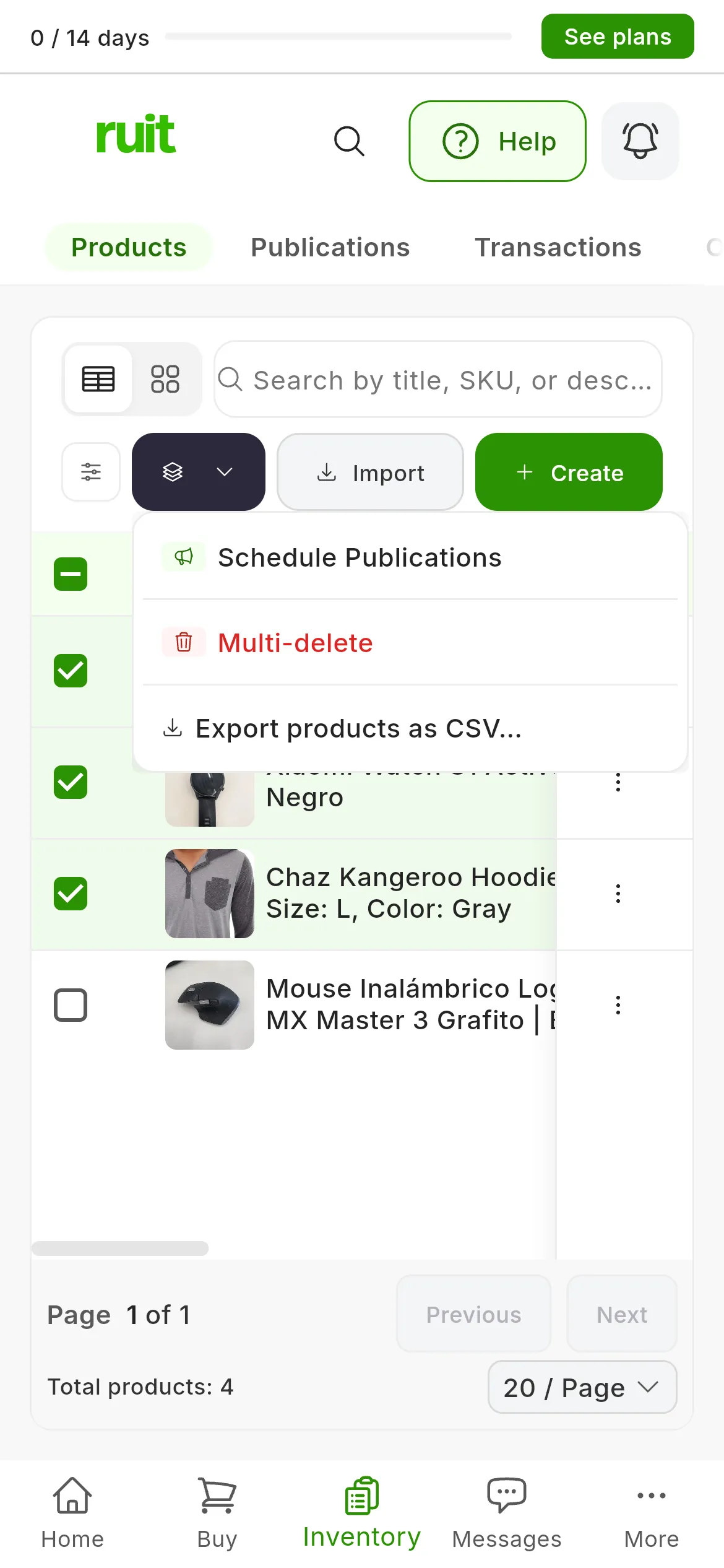 The products table with three products ticked and the Bulk actions menu open: Schedule Publications, Multi-delete and Export products as CSV