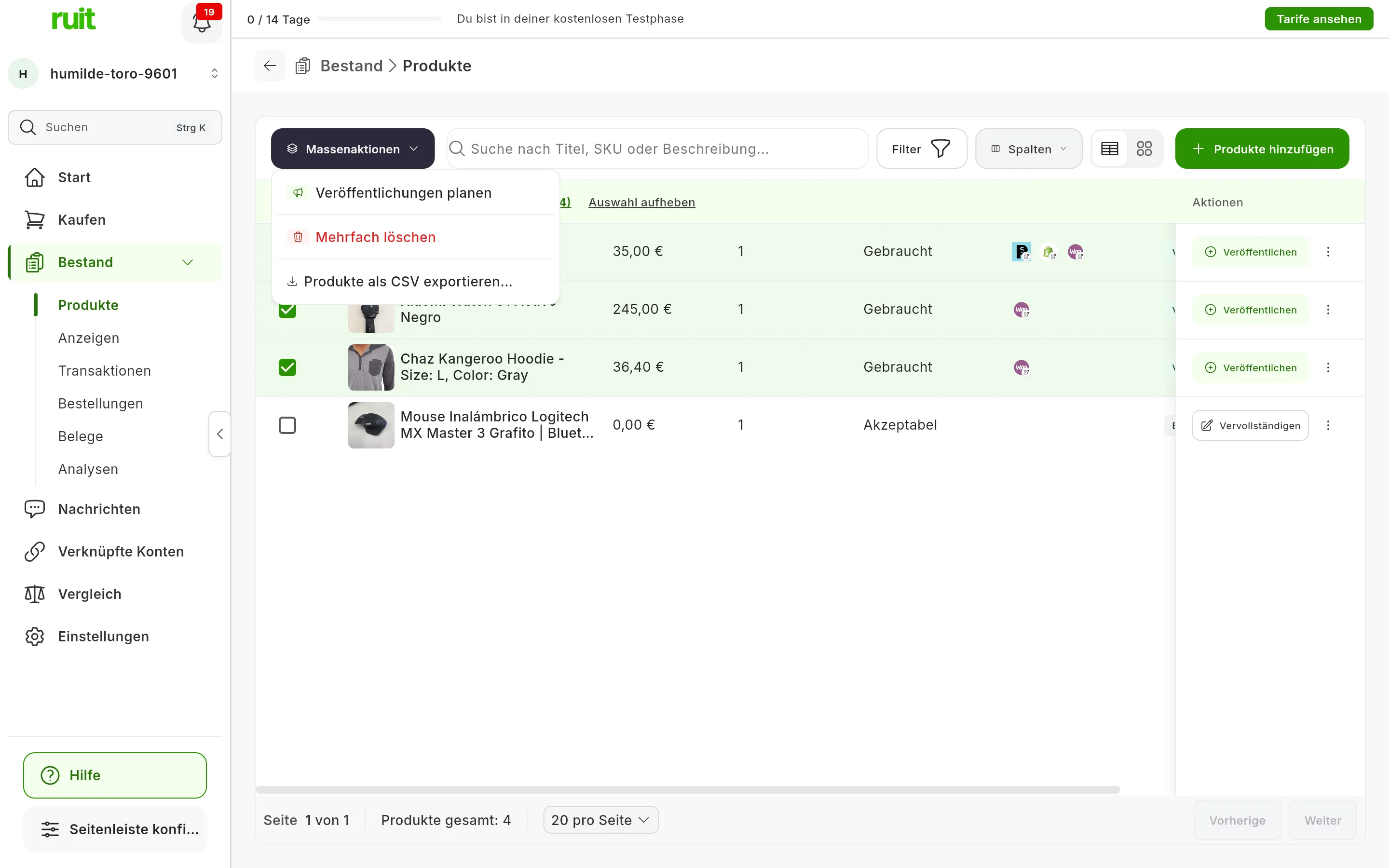 Die Produkttabelle mit drei markierten Produkten und dem geöffneten Menü Massenaktionen: Veröffentlichungen planen, Mehrfach löschen und Produkte als CSV exportieren