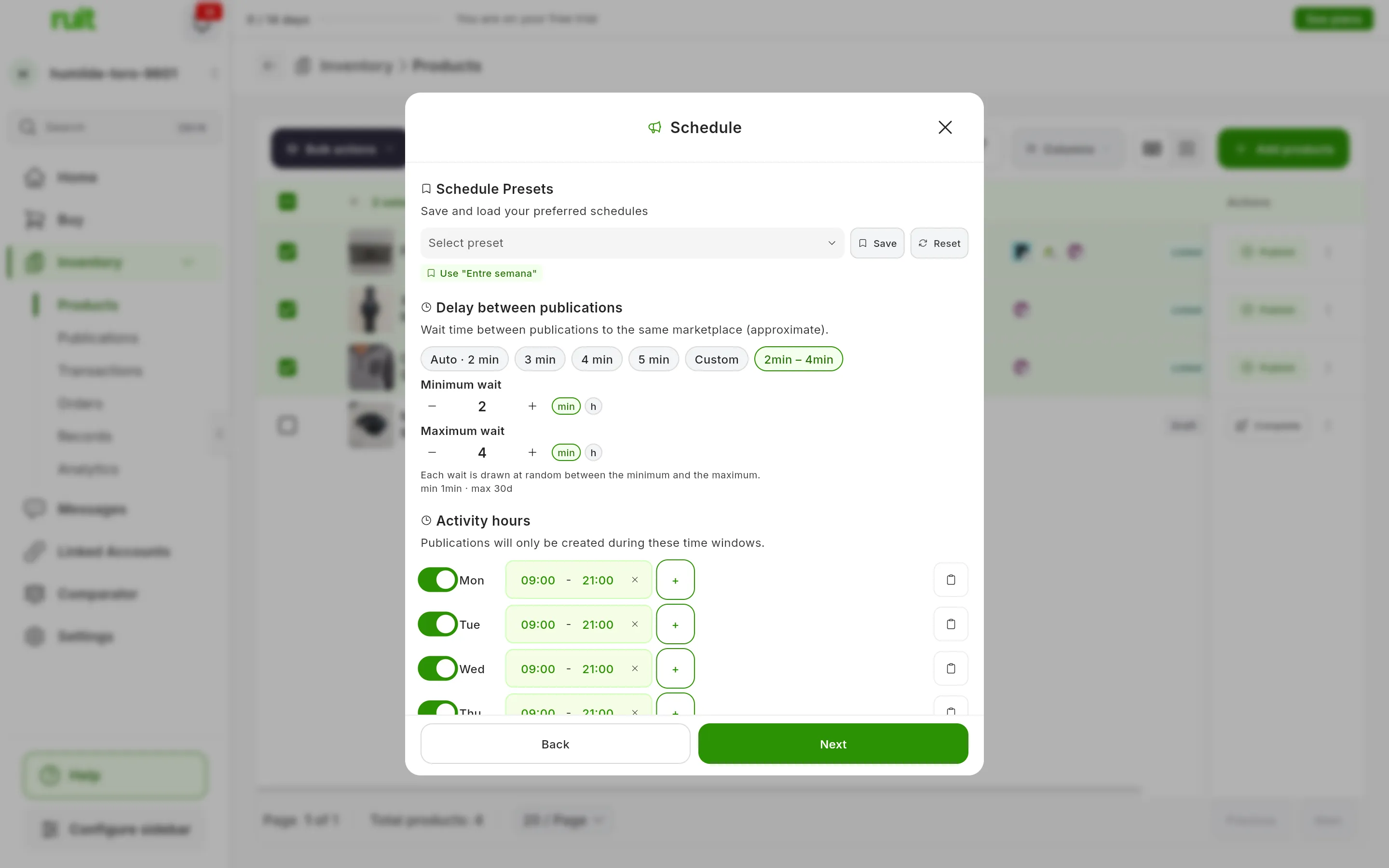 The Schedule step with Random chosen, which now shows the 2 to 4 minute range: Minimum wait at 2 min and Maximum wait at 4 min, each with its minus and plus buttons, the line Each wait is drawn at random between the minimum and the maximum, and the limits min 1min · max 30d