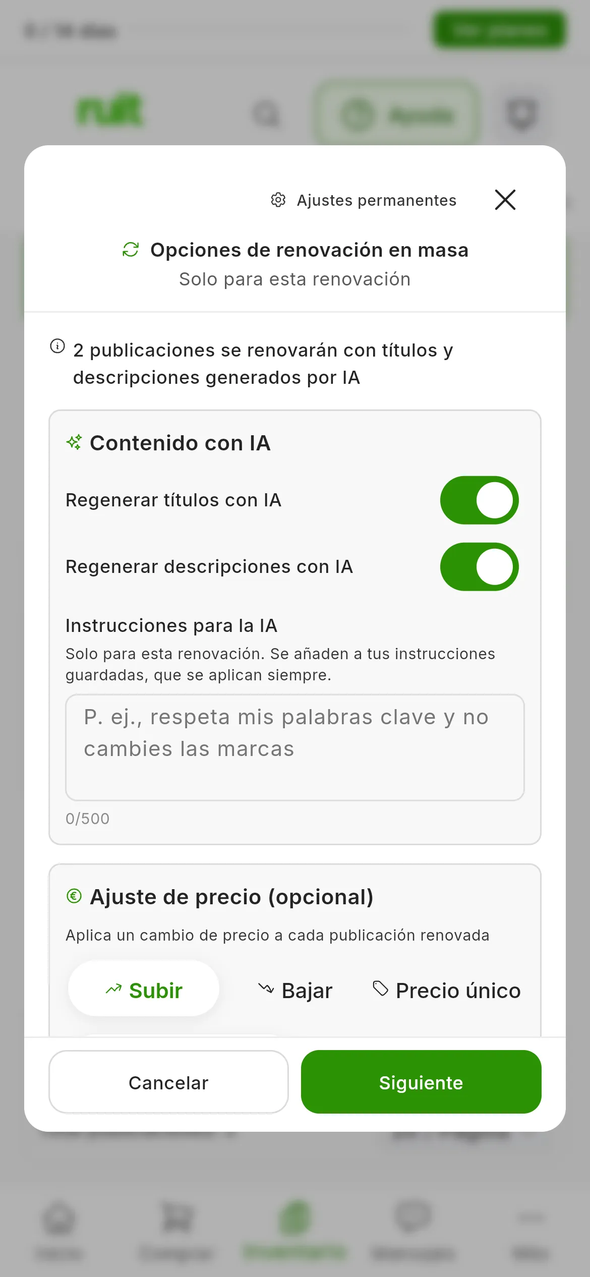 El paso Opciones de renovación en masa con dos anuncios marcados: 2 publicaciones se renovarán con títulos y descripciones generados por IA, Regenerar títulos con IA y Regenerar descripciones con IA encendidos, Instrucciones para la IA y Ajuste de precio (opcional) con Subir, Bajar y Precio único; arriba, Ajustes permanentes, y abajo, Cancelar y Siguiente