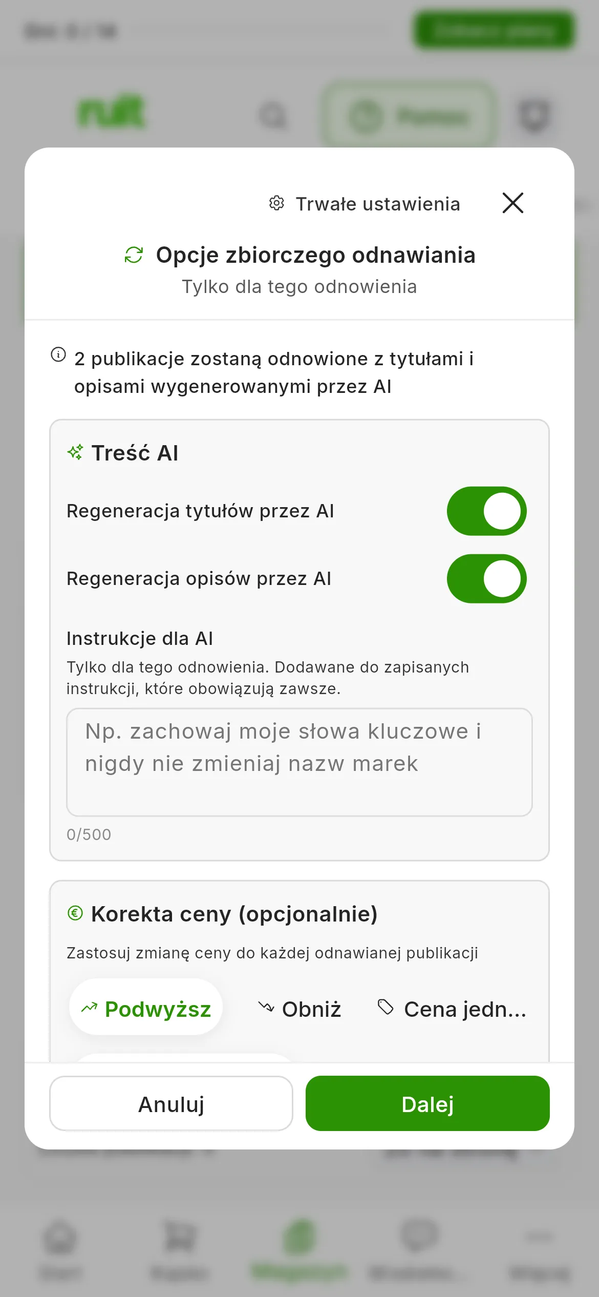 Krok Opcje zbiorczego odnawiania z dwoma zaznaczonymi ogłoszeniami: 2 publikacje zostaną odnowione z tytułami i opisami wygenerowanymi przez AI, włączone Regeneracja tytułów przez AI i Regeneracja opisów przez AI, Instrukcje dla AI oraz Korekta ceny (opcjonalnie) z opcjami Podnieś, Obniż i Cena jednolita; u góry Trwałe ustawienia, a na dole Anuluj i Dalej