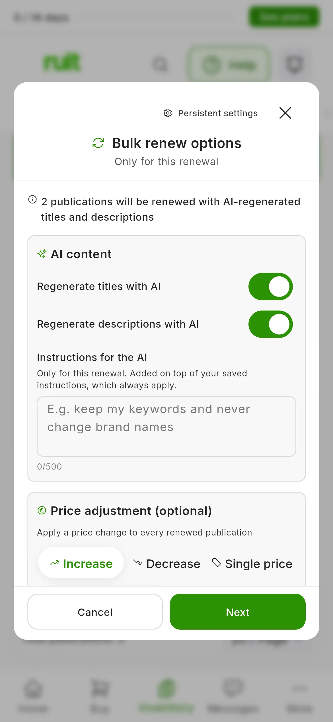 The Bulk renew options step with two listings ticked: 2 publications will be renewed with AI-regenerated titles and descriptions, Regenerate titles with AI and Regenerate descriptions with AI switched on, Instructions for the AI and Price adjustment (optional) with Increase, Decrease and Single price; at the top, Persistent settings, and at the bottom, Cancel and Next