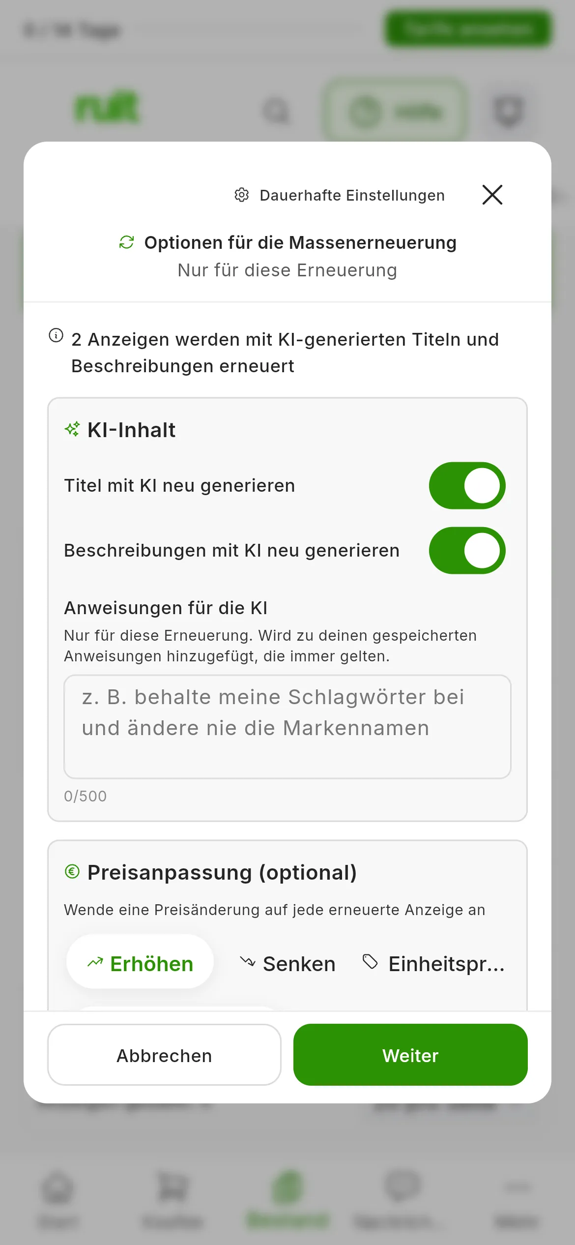 Der Schritt Optionen für die Massenerneuerung mit zwei markierten Anzeigen: 2 Anzeigen werden mit KI-generierten Titeln und Beschreibungen erneuert, Titel mit KI neu generieren und Beschreibungen mit KI neu generieren eingeschaltet, Anweisungen für die KI und Preisanpassung (optional) mit Erhöhen, Senken und Einheitspreis; oben Dauerhafte Einstellungen und unten Abbrechen und Weiter