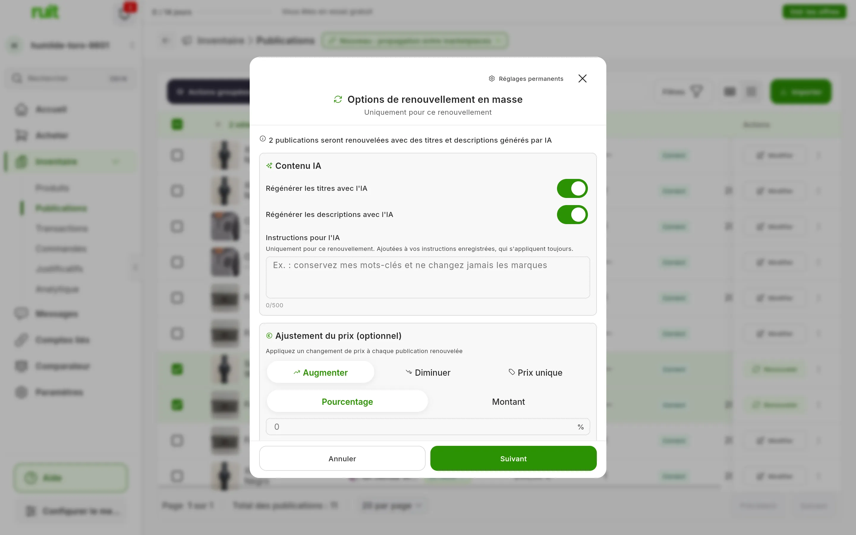 L'étape Options de renouvellement en masse avec deux annonces cochées : 2 publications seront renouvelées avec des titres et descriptions générés par IA, Régénérer les titres avec l'IA et Régénérer les descriptions avec l'IA activés, Instructions pour l'IA et Ajustement du prix (optionnel) avec Augmenter, Diminuer et Prix unique ; en haut, Réglages permanents, et en bas, Annuler et Suivant