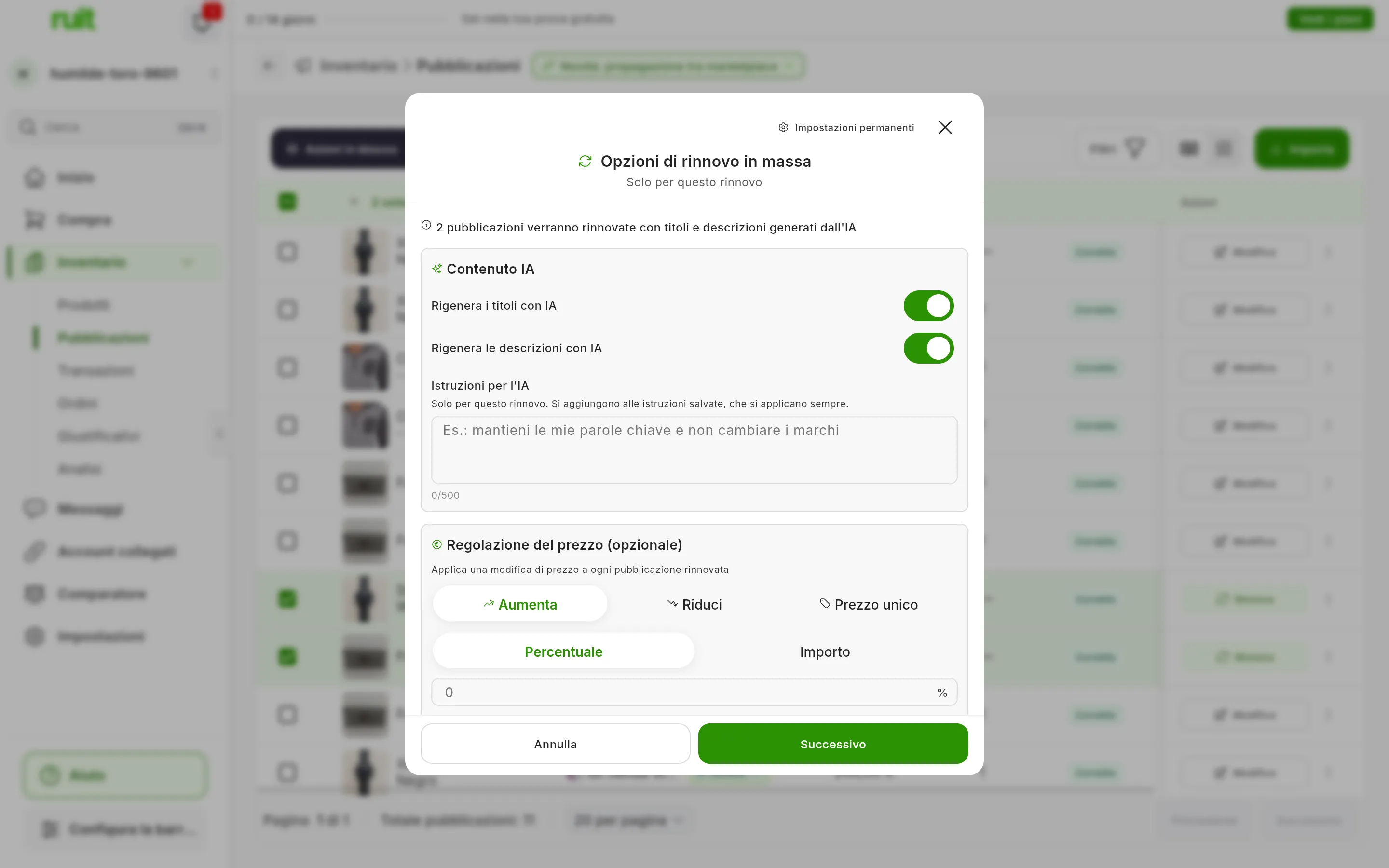 Il passo Opzioni di rinnovo in massa con due annunci selezionati: 2 pubblicazioni verranno rinnovate con titoli e descrizioni generati dall'IA, Rigenera i titoli con IA e Rigenera le descrizioni con IA accesi, Istruzioni per l'IA e Regolazione del prezzo (opzionale) con Aumenta, Riduci e Prezzo unico; in alto, Impostazioni permanenti, e in basso, Annulla e Successivo