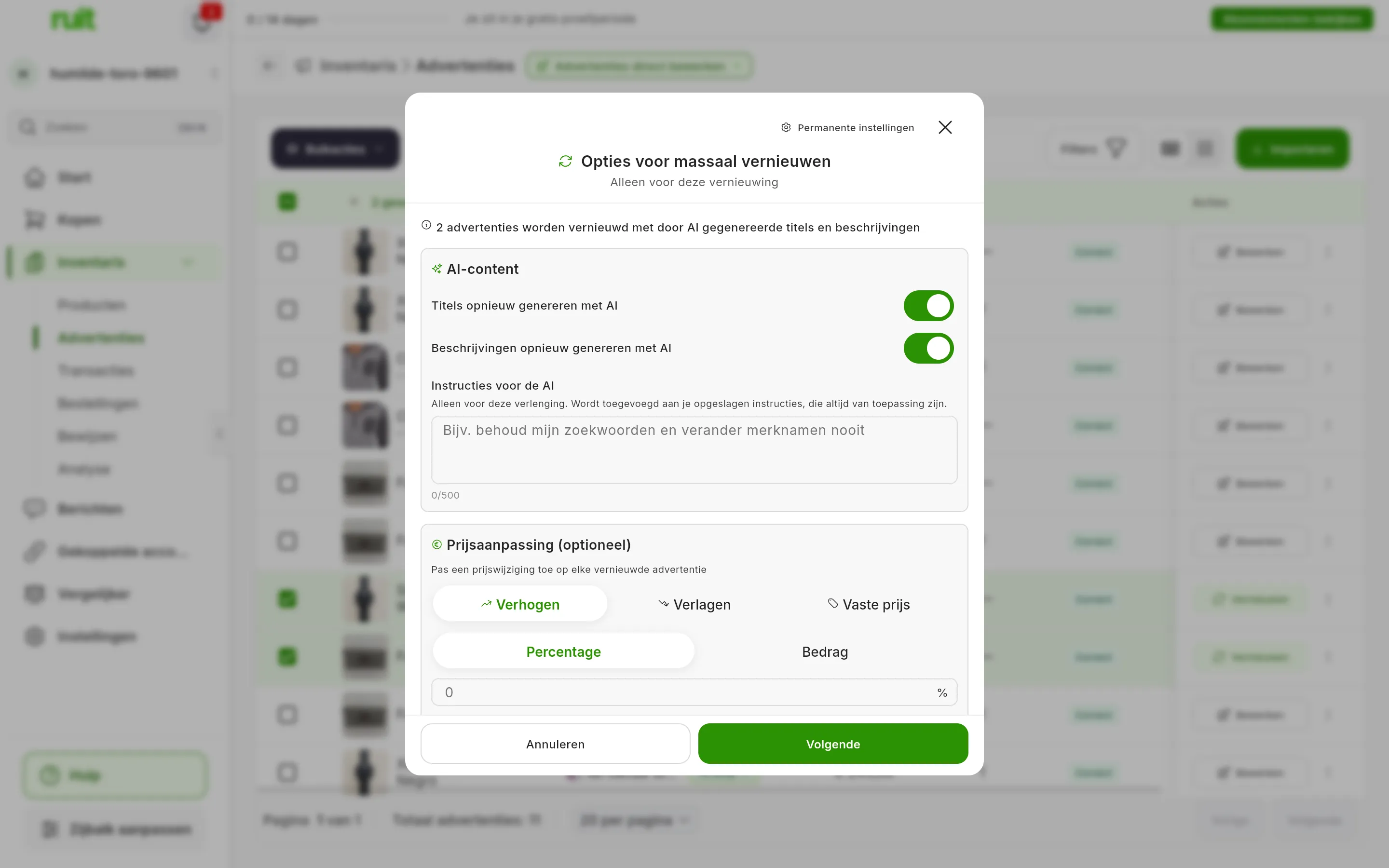 De stap Opties voor massaal vernieuwen met twee aangevinkte advertenties: 2 advertenties worden vernieuwd met door AI gegenereerde titels en beschrijvingen, Titels opnieuw genereren met AI en Beschrijvingen opnieuw genereren met AI aan, Instructies voor de AI en Prijsaanpassing (optioneel) met Verhogen, Verlagen en Vaste prijs; bovenaan Permanente instellingen, en onderaan Annuleren en Volgende