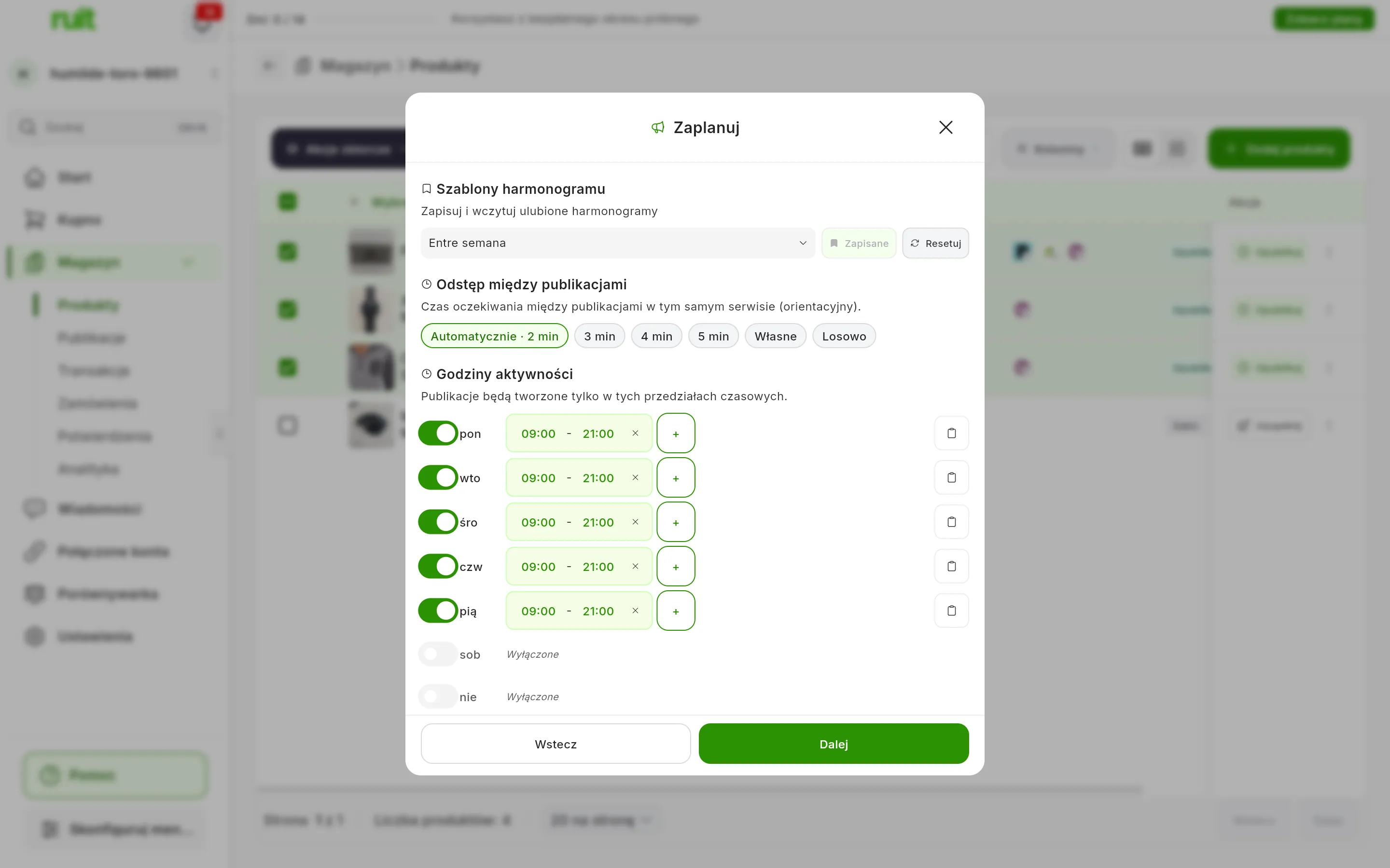 Krok Zaplanuj z wczytanym szablonem Entre semana: Automatycznie · 2 min w polu Odstęp między publikacjami, a w Godzinach aktywności od poniedziałku do piątku od 09:00 do 21:00, sobota i niedziela Wyłączone; na dole Wstecz i Dalej