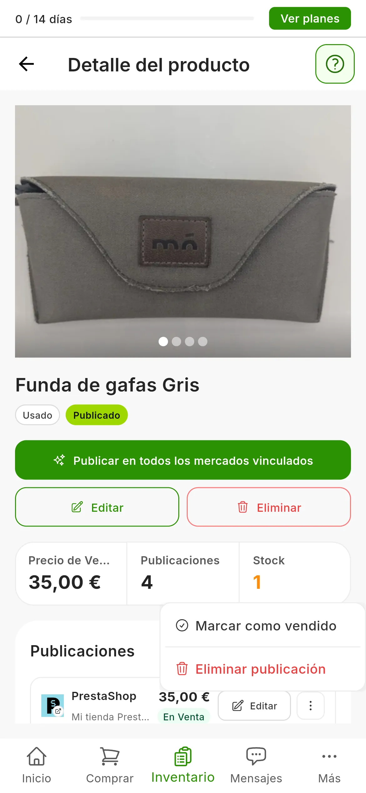 La ficha de un producto con sus anuncios en Publicaciones: el menú ⋮ del primero, el de PrestaShop, abierto, con Marcar como vendido y Eliminar publicación en rojo