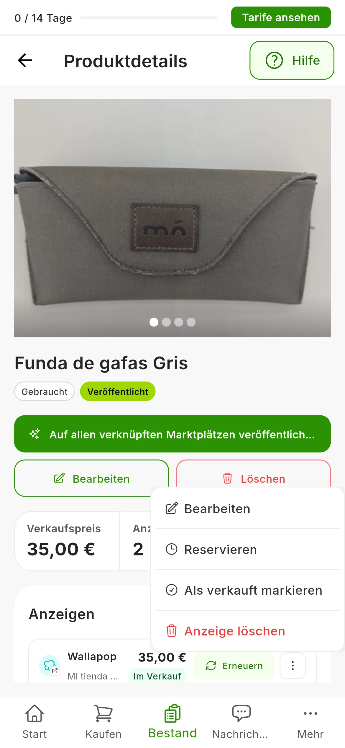Die Seite eines Produkts mit seinen Anzeigen unter Anzeigen: das Menü ⋮ der ersten, der von PrestaShop, geöffnet, mit Als verkauft markieren und Anzeige löschen in Rot