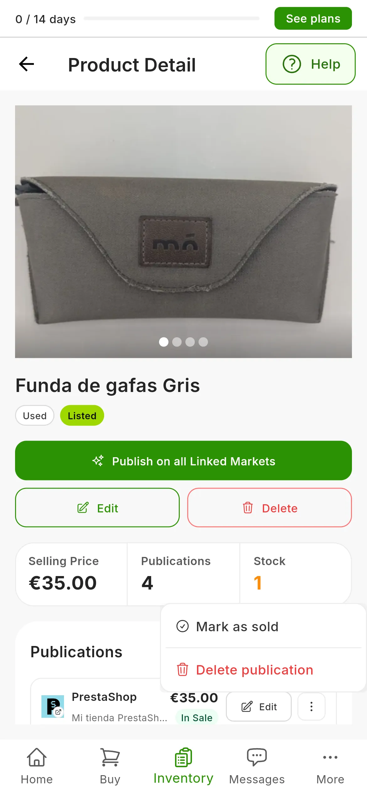 A product page with its listings under Publications: the ⋮ menu of the first one, on PrestaShop, open, with Mark as sold and Delete publication in red