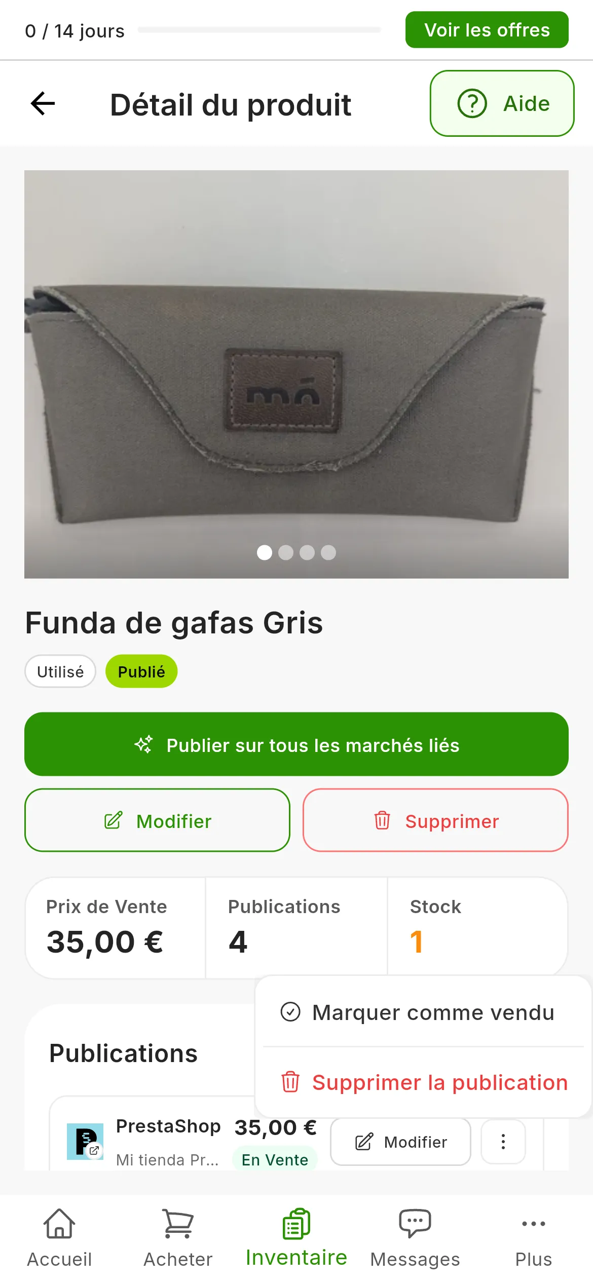 La fiche d'un produit avec ses annonces dans Publications : le menu ⋮ de la première, celle de PrestaShop, ouvert, avec Marquer comme vendu et Supprimer la publication en rouge