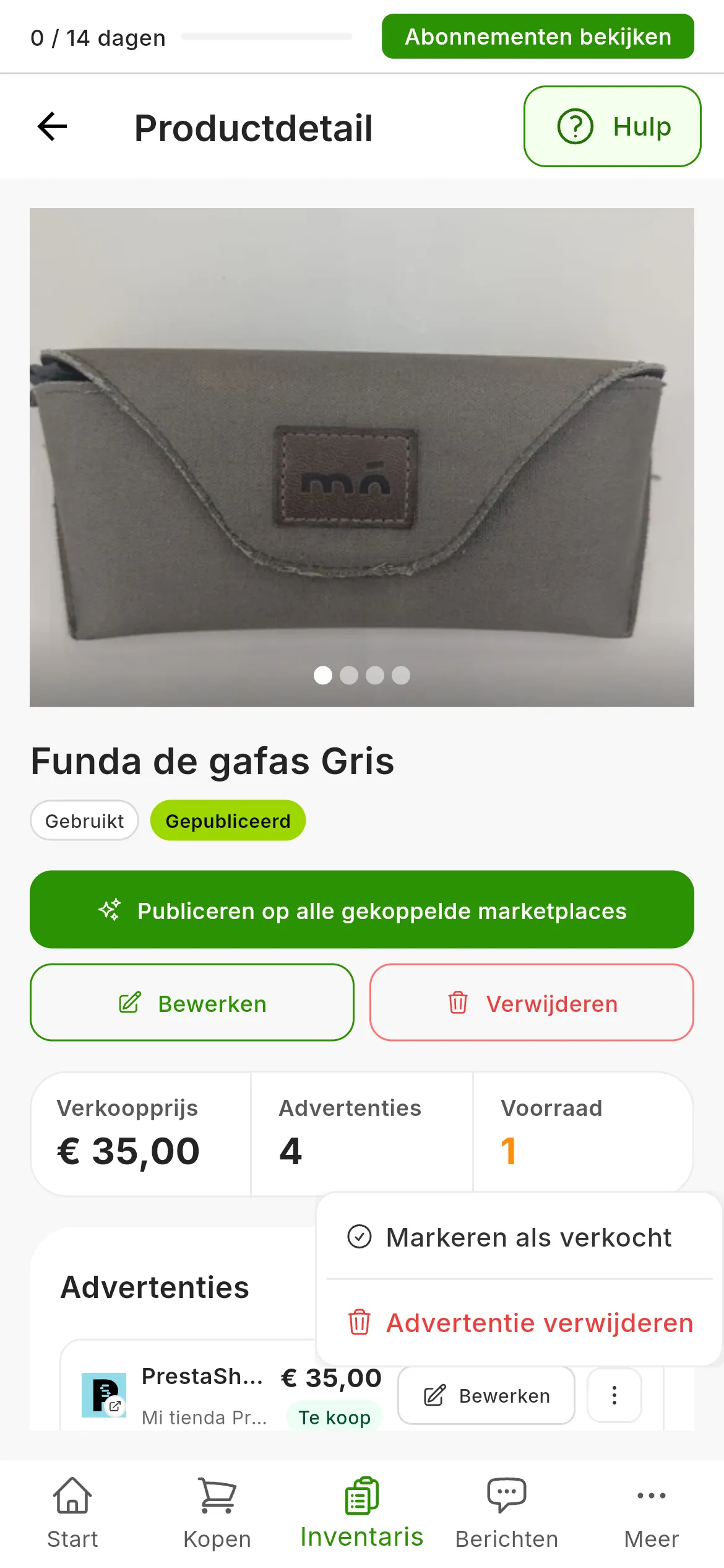De productpagina van een product met zijn advertenties bij Advertenties: het menu ⋮ van de eerste, die van PrestaShop, open, met Markeren als verkocht en Advertentie verwijderen in het rood