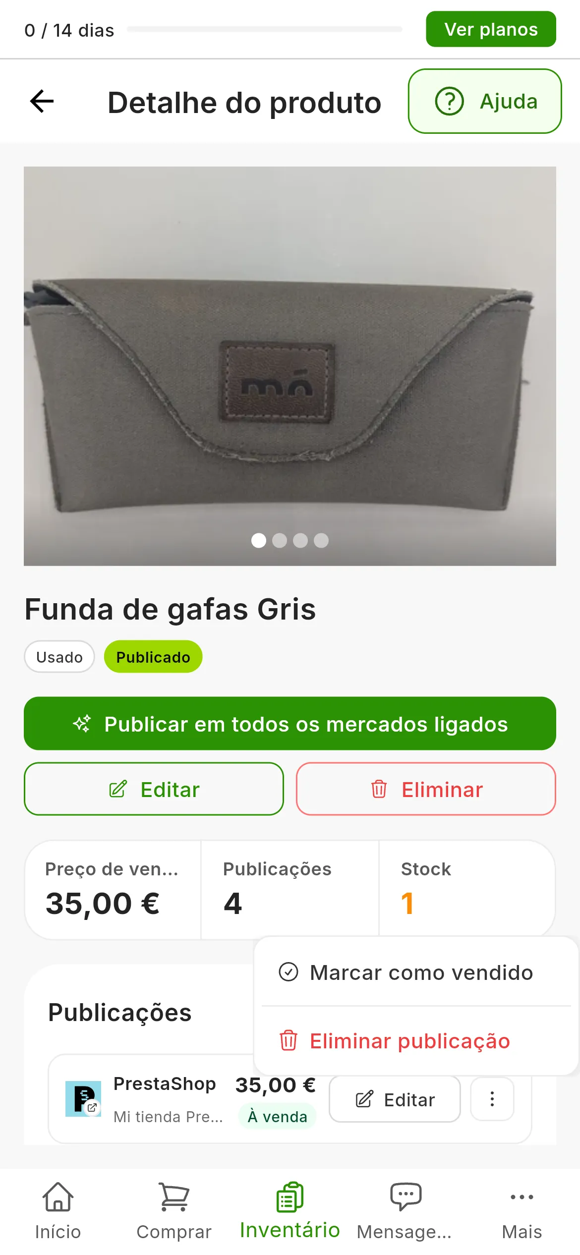 A ficha de um produto com os seus anúncios em Publicações: o menu ⋮ do primeiro, o do PrestaShop, aberto, com Marcar como vendido e Eliminar publicação a vermelho