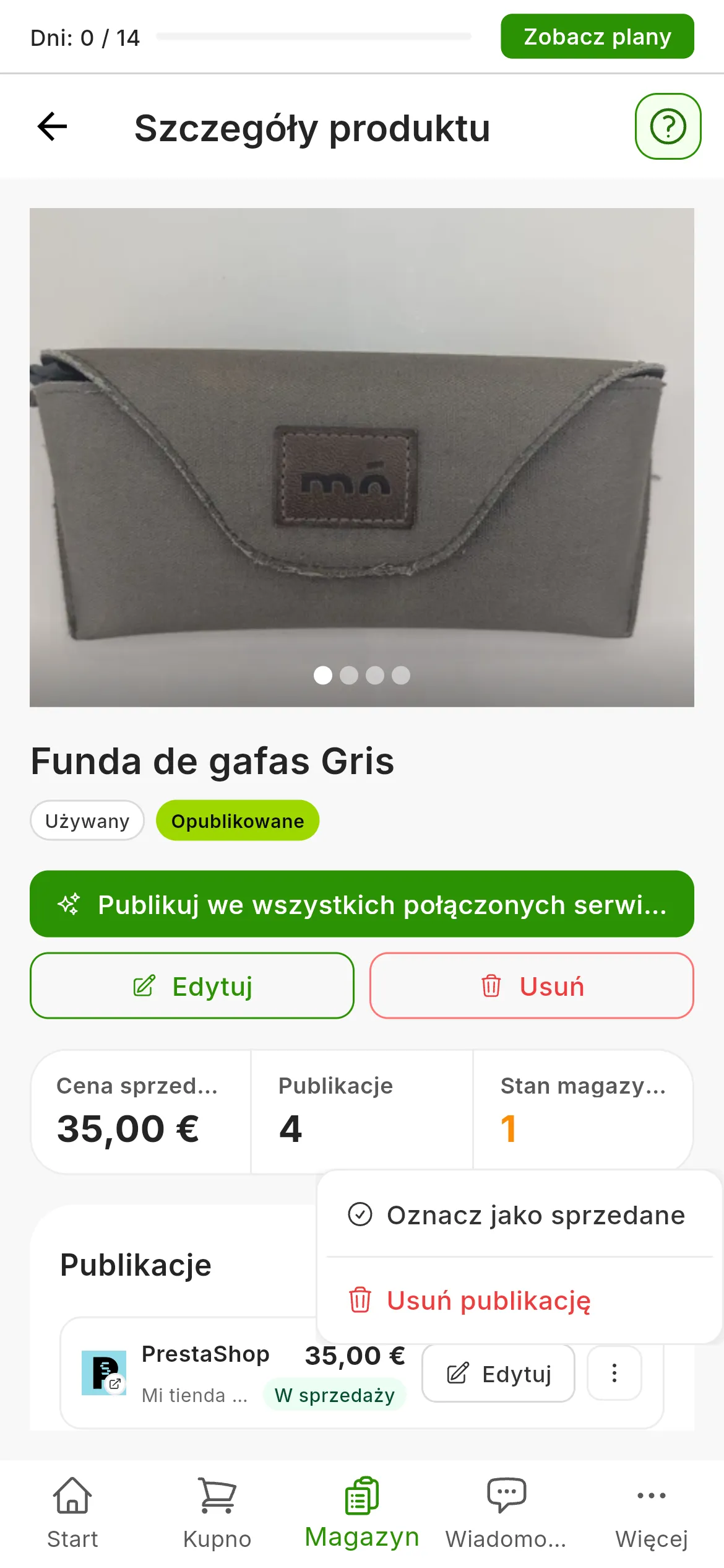 Karta produktu z jego ogłoszeniami w sekcji Publikacje: otwarte menu ⋮ pierwszego, tego na PrestaShop, z opcjami Oznacz jako sprzedane i Usuń publikację na czerwono