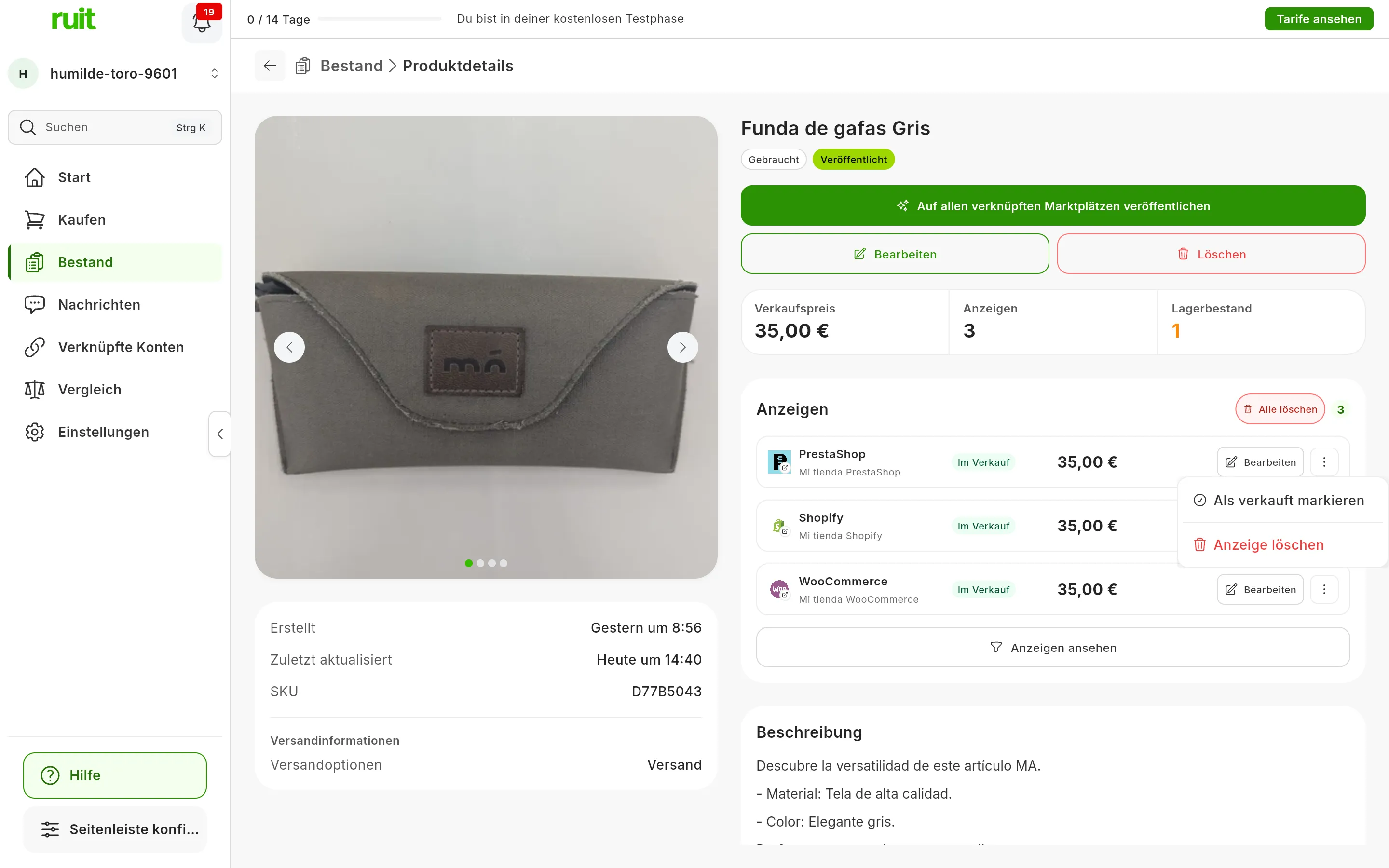 Die Seite eines Produkts mit seinen Anzeigen unter Anzeigen: das Menü ⋮ der ersten, der von PrestaShop, geöffnet, mit Als verkauft markieren und Anzeige löschen in Rot
