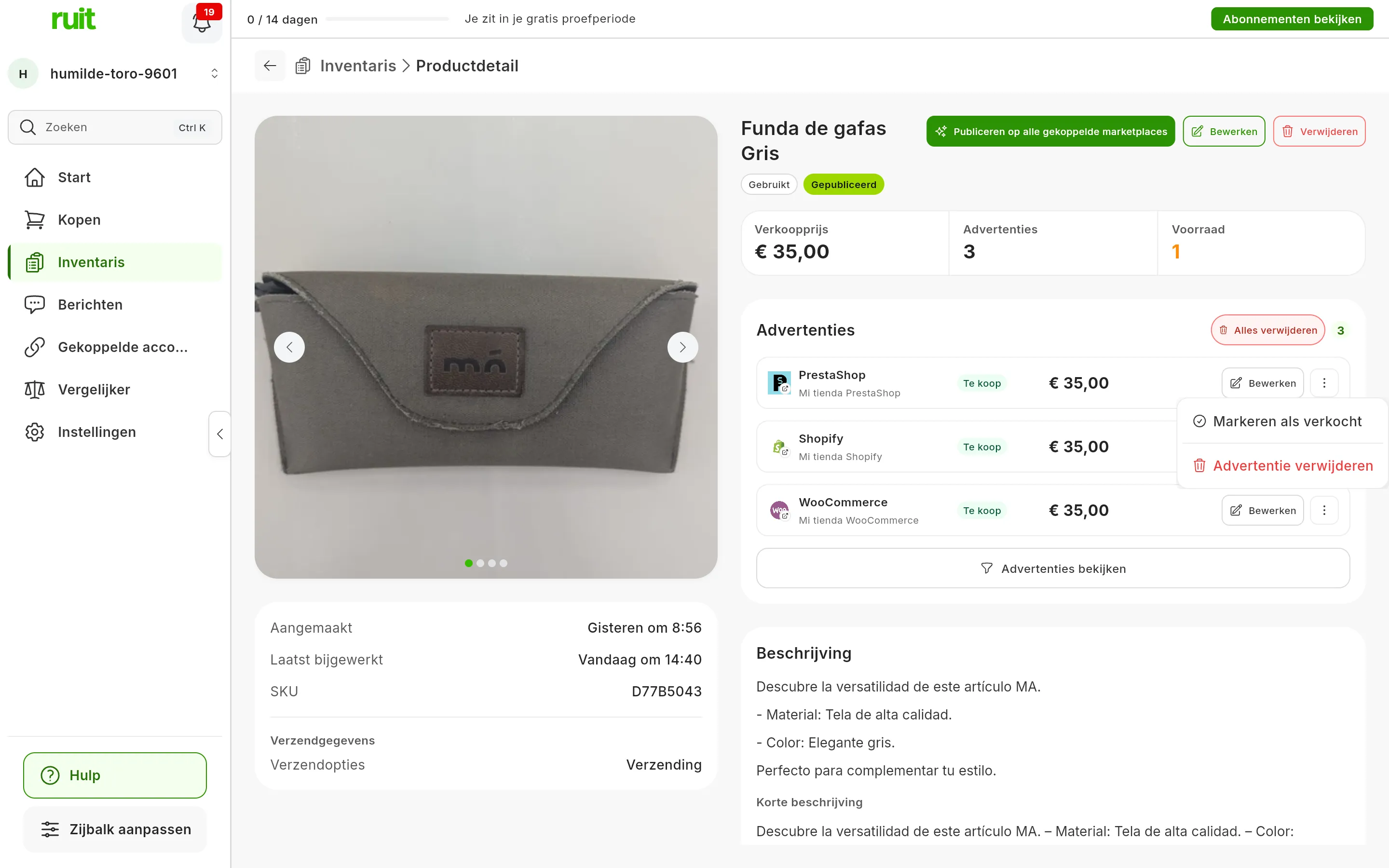 De productpagina van een product met zijn advertenties bij Advertenties: het menu ⋮ van de eerste, die van PrestaShop, open, met Markeren als verkocht en Advertentie verwijderen in het rood