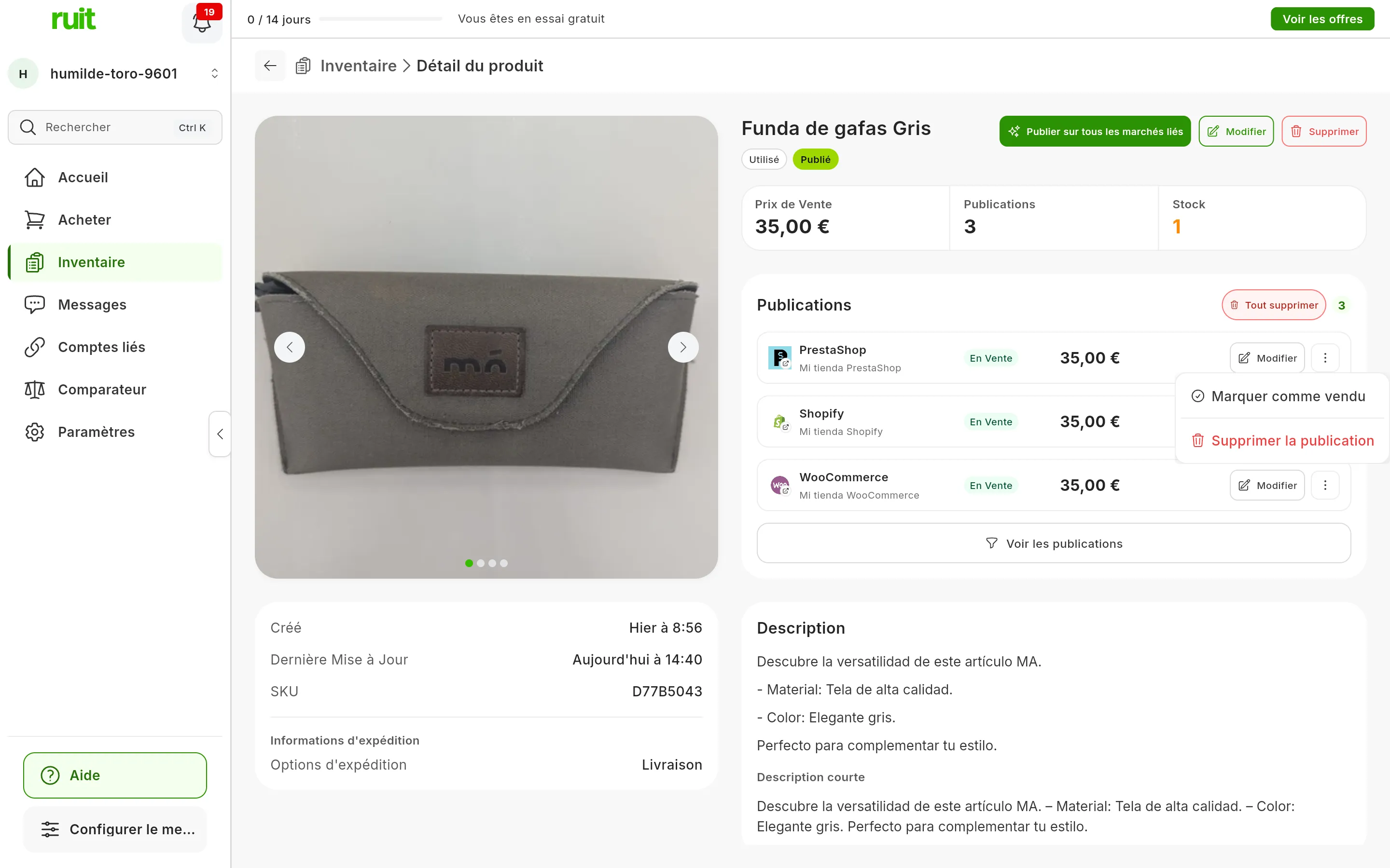 La fiche d'un produit avec ses annonces dans Publications : le menu ⋮ de la première, celle de PrestaShop, ouvert, avec Marquer comme vendu et Supprimer la publication en rouge