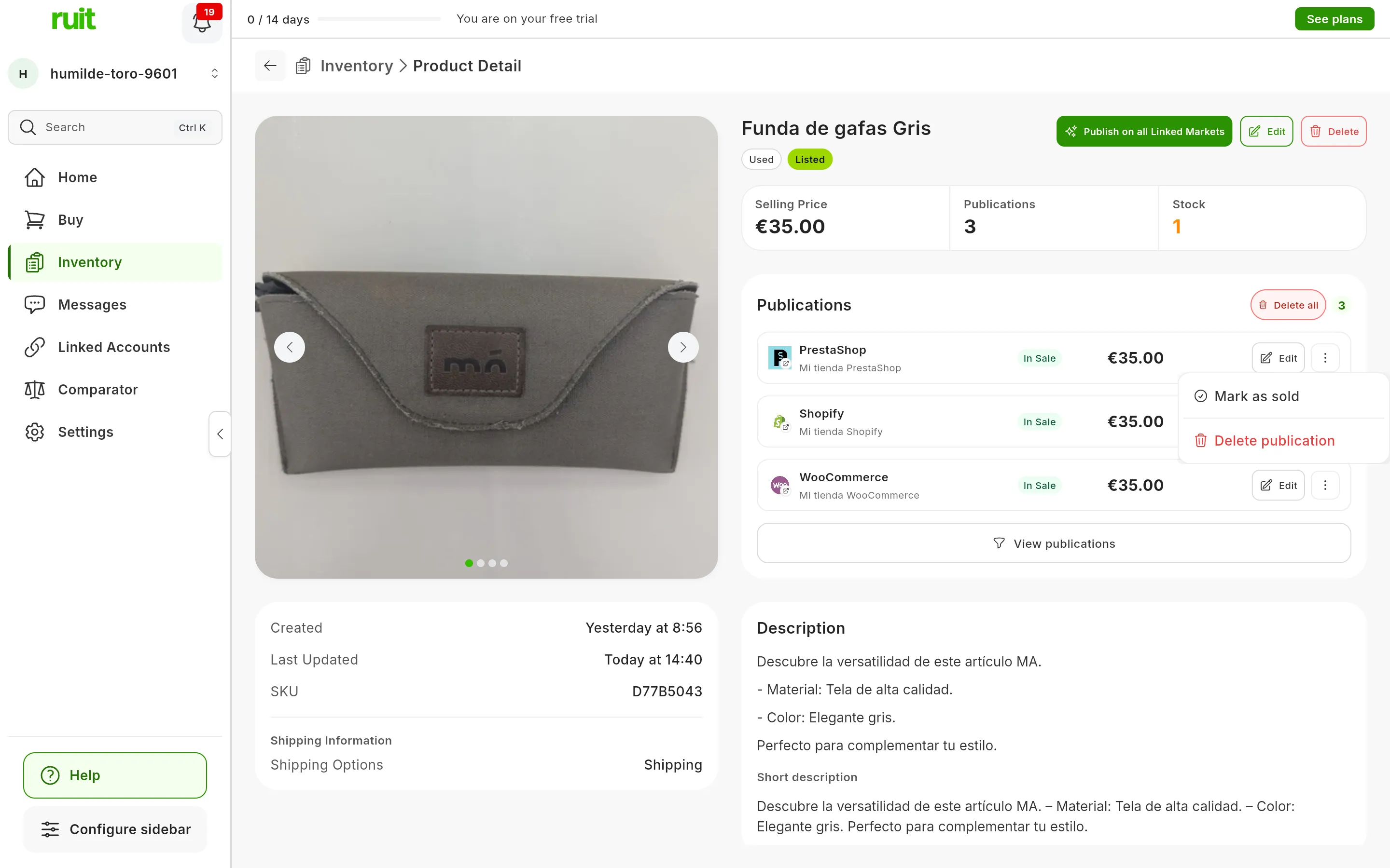 A product page with its listings under Publications: the ⋮ menu of the first one, on PrestaShop, open, with Mark as sold and Delete publication in red