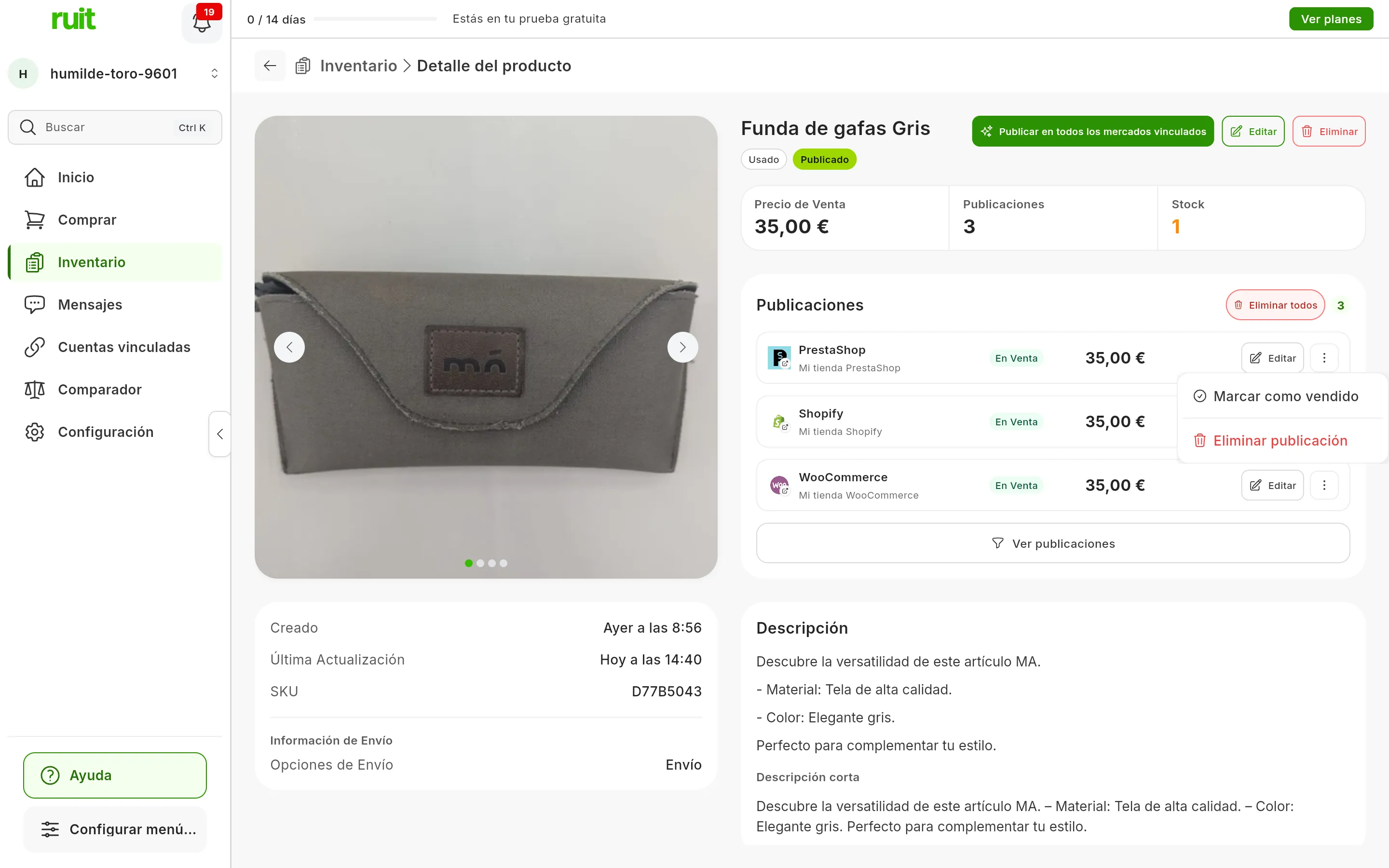 La ficha de un producto con sus anuncios en Publicaciones: el menú ⋮ del primero, el de PrestaShop, abierto, con Marcar como vendido y Eliminar publicación en rojo