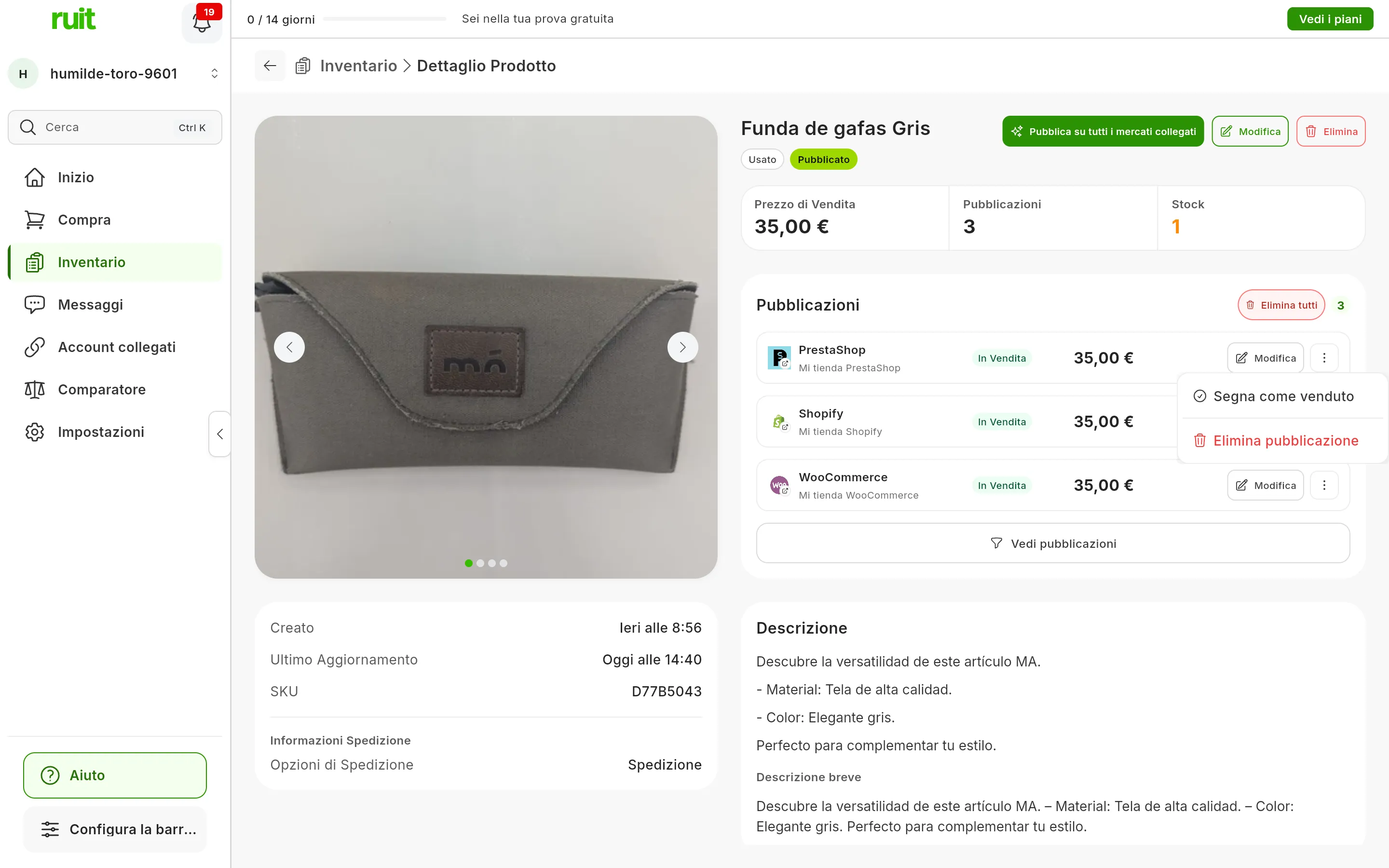 La scheda di un prodotto con i suoi annunci in Pubblicazioni: il menu ⋮ del primo, quello di PrestaShop, aperto, con Segna come venduto ed Elimina pubblicazione in rosso