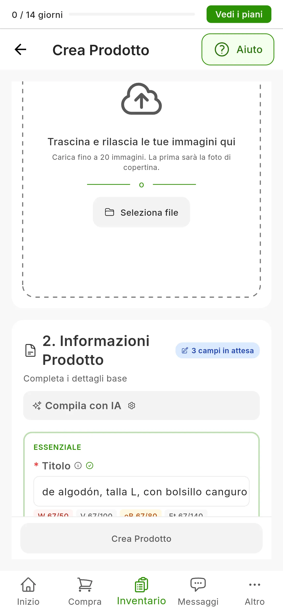 Il modulo per creare un prodotto con un titolo di 67 caratteri e, sotto, un badge per marketplace: W 67/50 in rosso, eB 67/80 in ambra e gli altri in grigio, come V 67/100 o PS 67/128; sotto la descrizione, ancora vuota, i badge dei marketplace che le mettono un limite