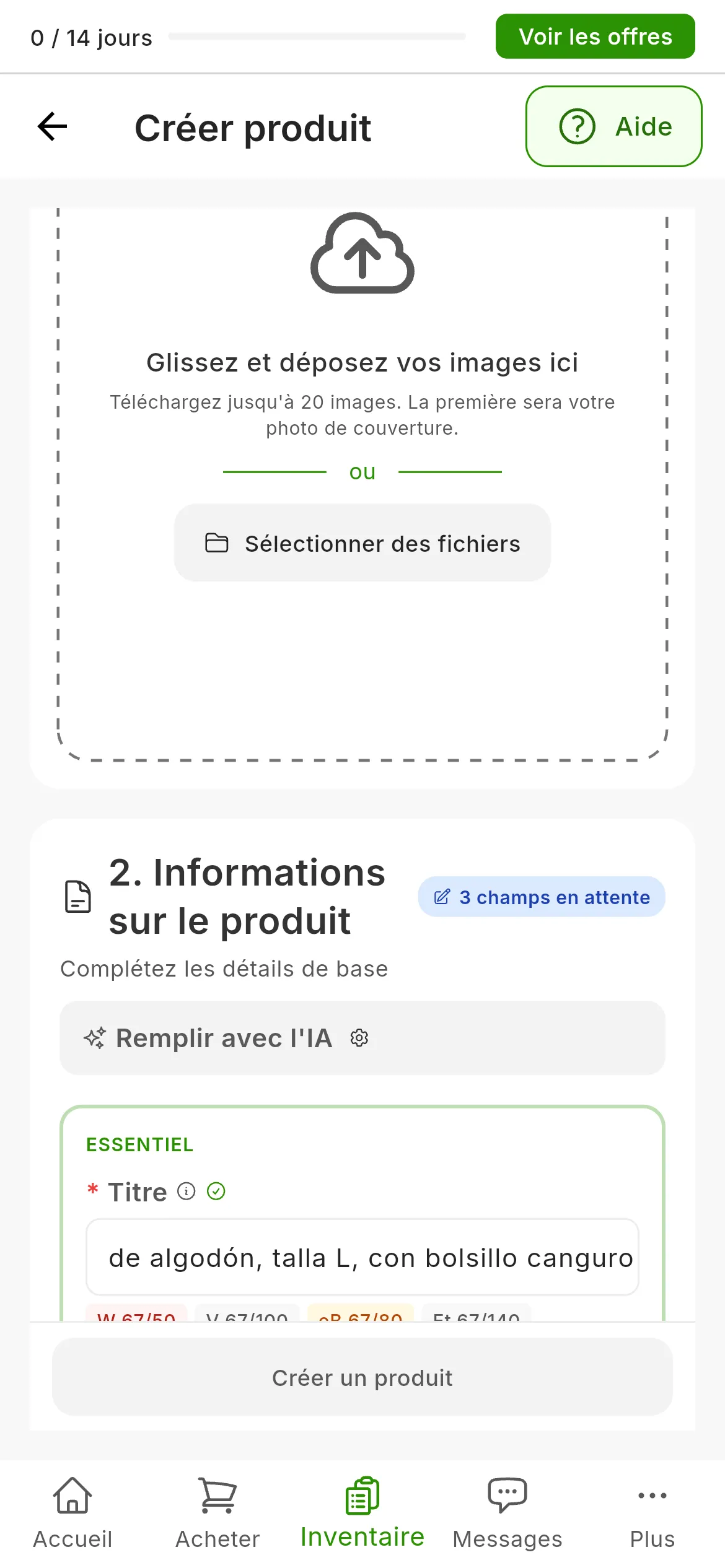 Le formulaire de création de produit avec un titre de 67 caractères et, en dessous, un badge par marketplace : W 67/50 en rouge, eB 67/80 en ambre et le reste en gris, comme V 67/100 ou PS 67/128 ; sous la description, encore vide, les badges des marketplaces qui la limitent
