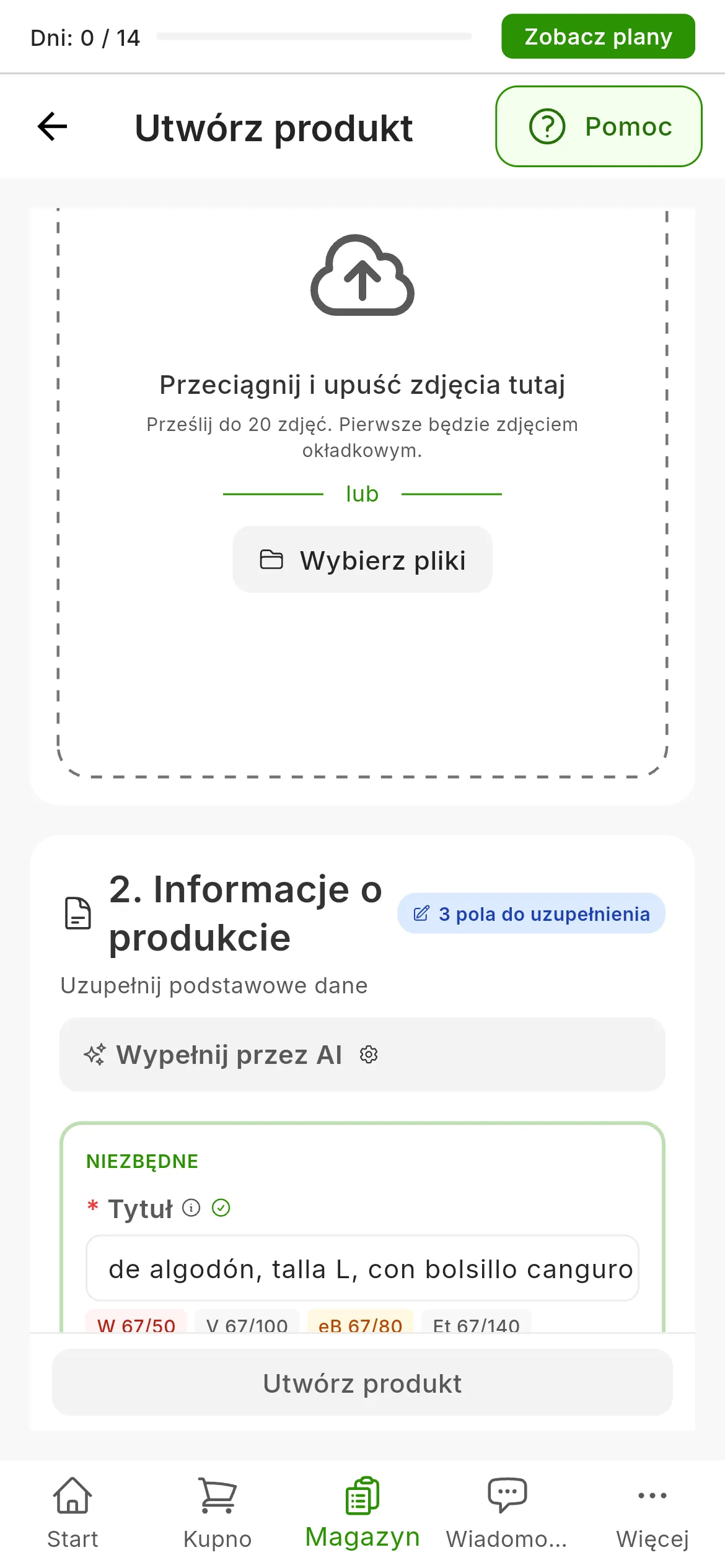 Formularz tworzenia produktu z tytułem o długości 67 znaków, a pod nim plakietka dla każdego marketplace: W 67/50 na czerwono, eB 67/80 na bursztynowo, a reszta na szaro, na przykład V 67/100 czy PS 67/128; pod jeszcze pustym opisem plakietki marketplace, które ograniczają jego długość