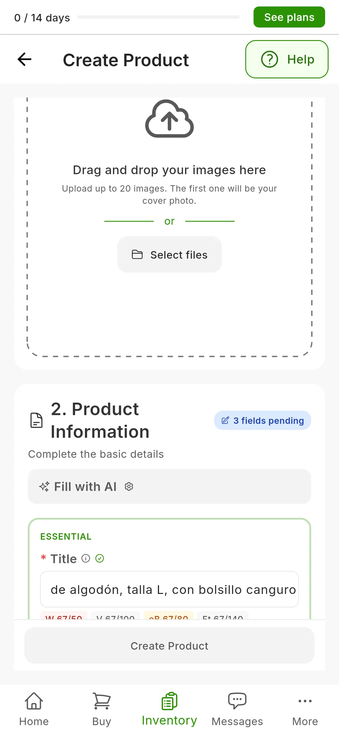 The create-product form with a 67-character title and, below it, one badge per marketplace: W 67/50 in red, eB 67/80 in amber and the rest in gray, such as V 67/100 or PS 67/128; under the still empty description, the badges of the marketplaces that cap it