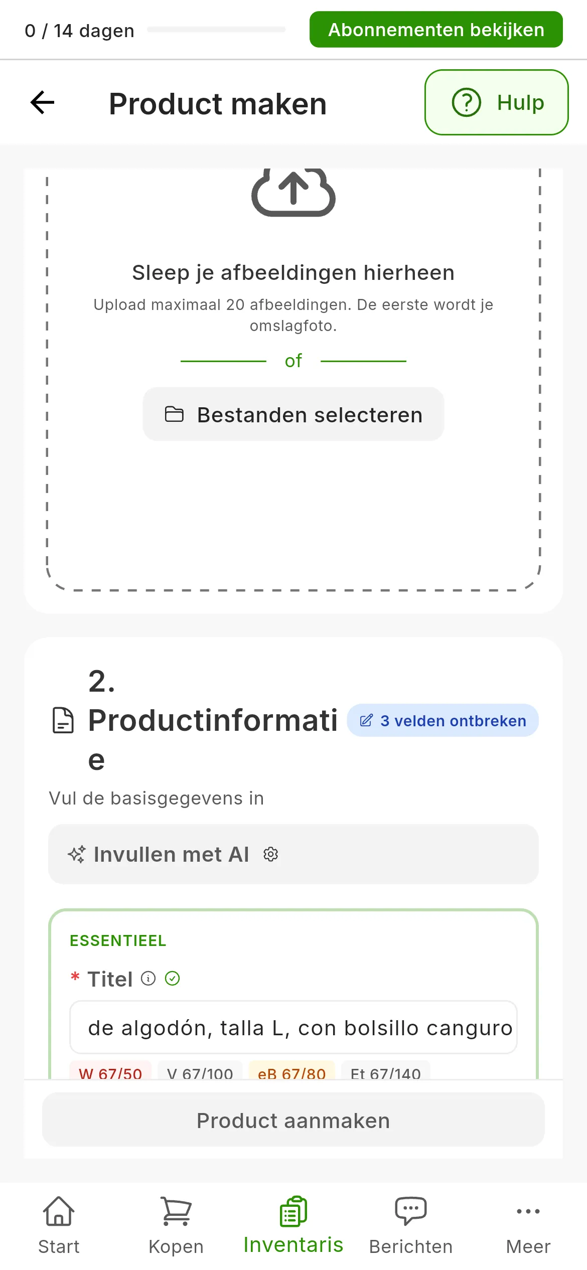 Het formulier om een product aan te maken met een titel van 67 tekens en, daaronder, een label per marketplace: W 67/50 in het rood, eB 67/80 in amber en de rest in het grijs, zoals V 67/100 of PS 67/128; onder de beschrijving, nog leeg, de labels van de marketplaces die er een limiet aan stellen