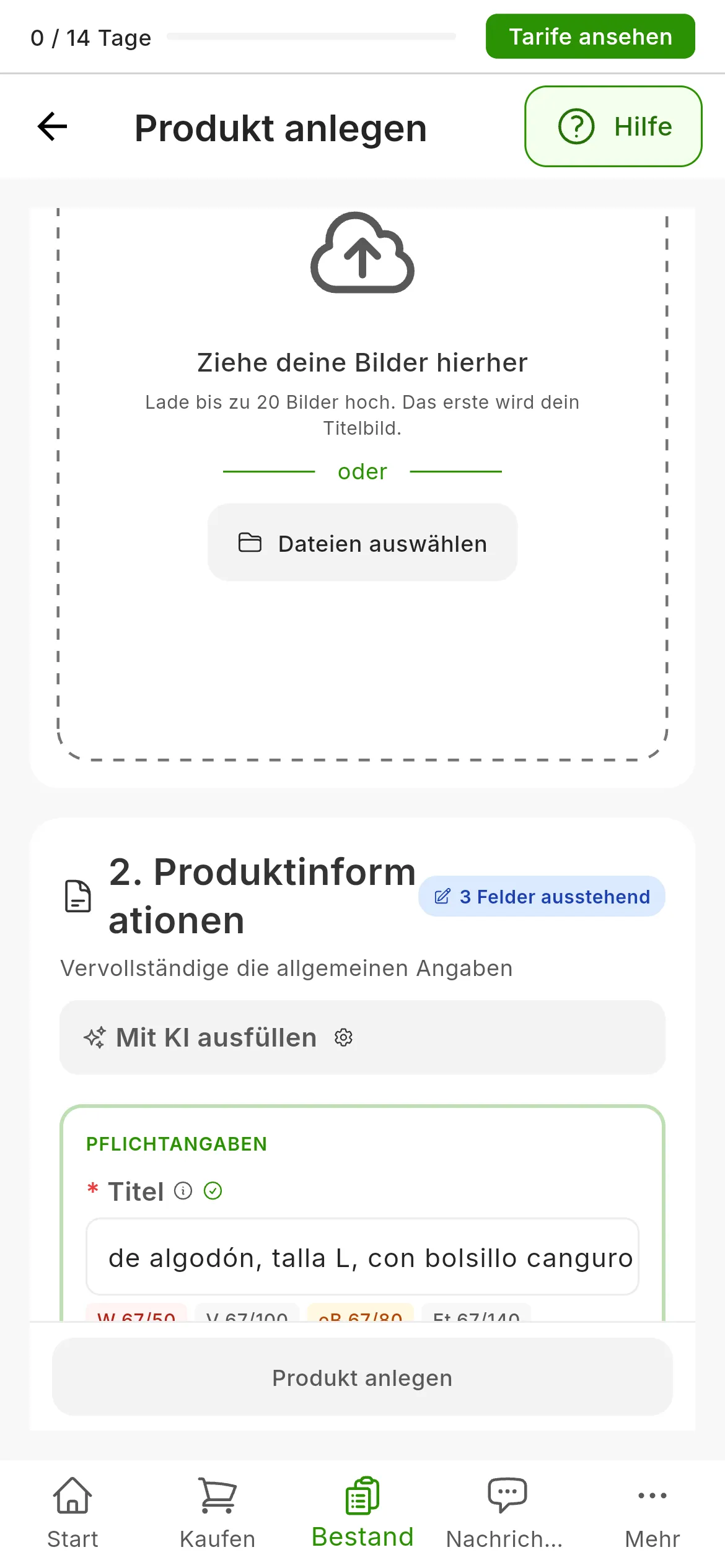 Das Formular zum Anlegen eines Produkts mit einem Titel von 67 Zeichen und darunter einem Abzeichen pro Marktplatz: W 67/50 in Rot, eB 67/80 in Bernstein und der Rest in Grau, etwa V 67/100 oder PS 67/128; unter der noch leeren Beschreibung die Abzeichen der Marktplätze, die ihr eine Obergrenze setzen