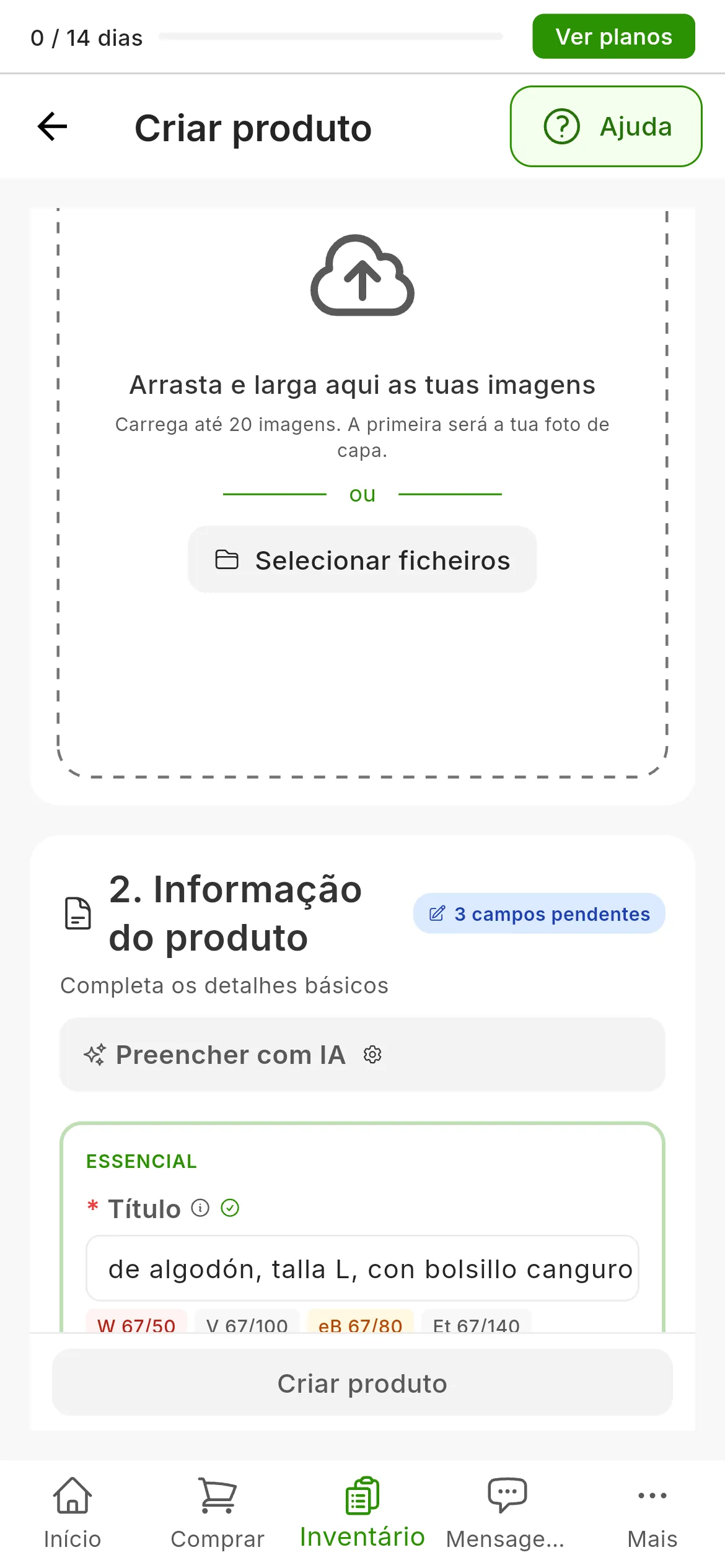 O formulário de criar produto com um título de 67 caracteres e, por baixo, um indicador por marketplace: W 67/50 a vermelho, eB 67/80 a âmbar e os restantes a cinzento, como V 67/100 ou PS 67/128; por baixo da descrição, ainda vazia, os indicadores dos marketplaces que lhe põem limite
