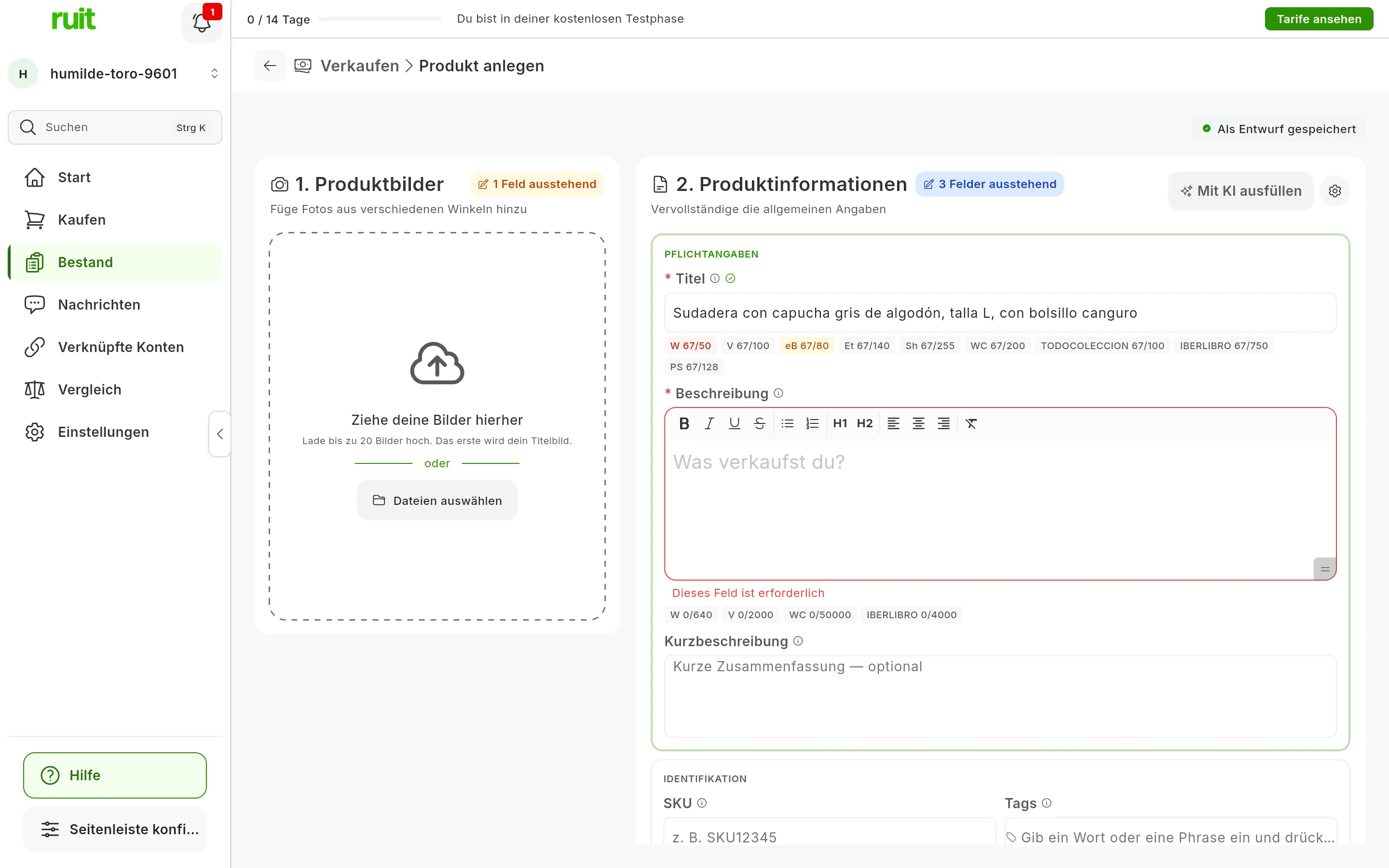 Das Formular zum Anlegen eines Produkts mit einem Titel von 67 Zeichen und darunter einem Abzeichen pro Marktplatz: W 67/50 in Rot, eB 67/80 in Bernstein und der Rest in Grau, etwa V 67/100 oder PS 67/128; unter der noch leeren Beschreibung die Abzeichen der Marktplätze, die ihr eine Obergrenze setzen