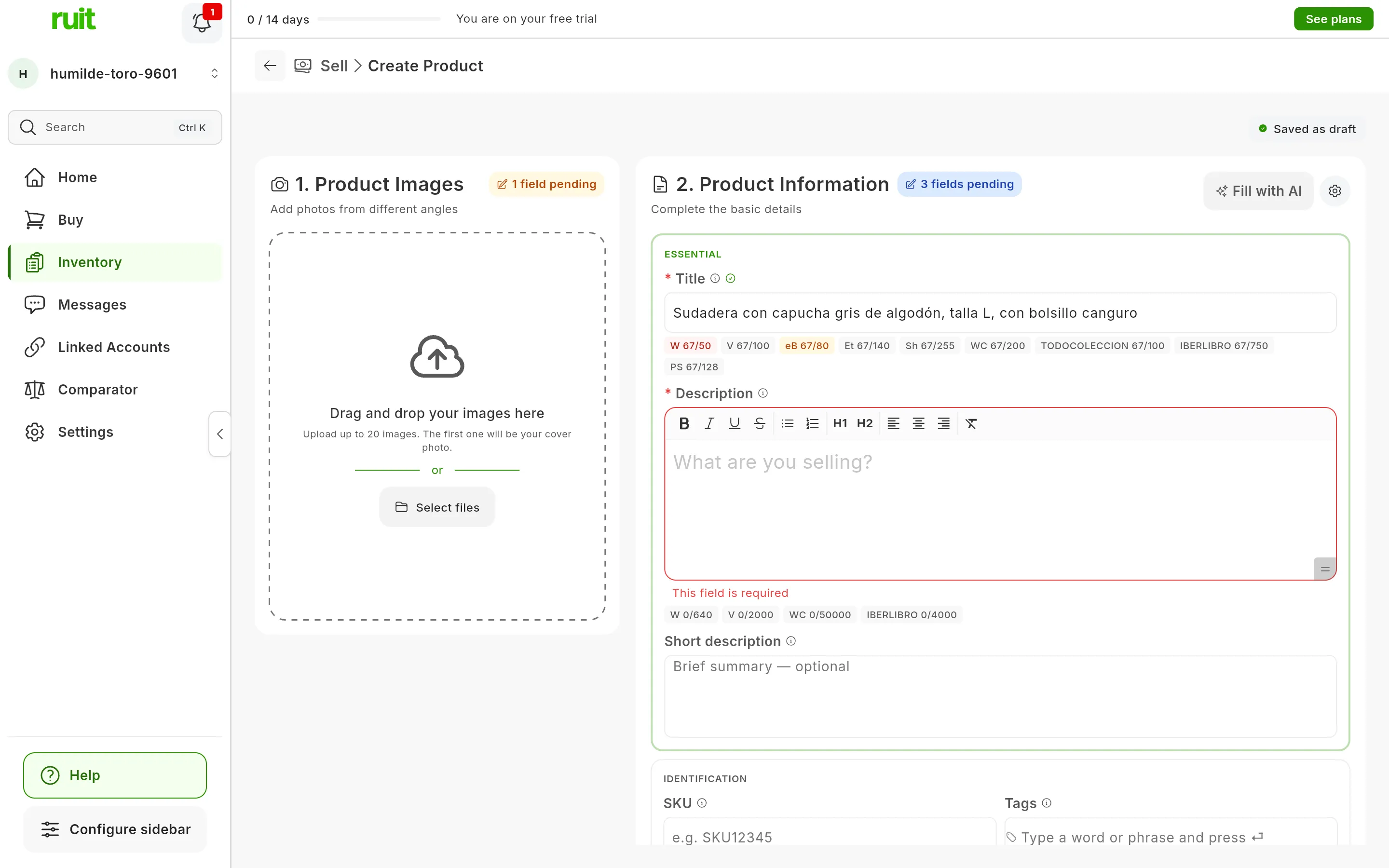 The create-product form with a 67-character title and, below it, one badge per marketplace: W 67/50 in red, eB 67/80 in amber and the rest in gray, such as V 67/100 or PS 67/128; under the still empty description, the badges of the marketplaces that cap it