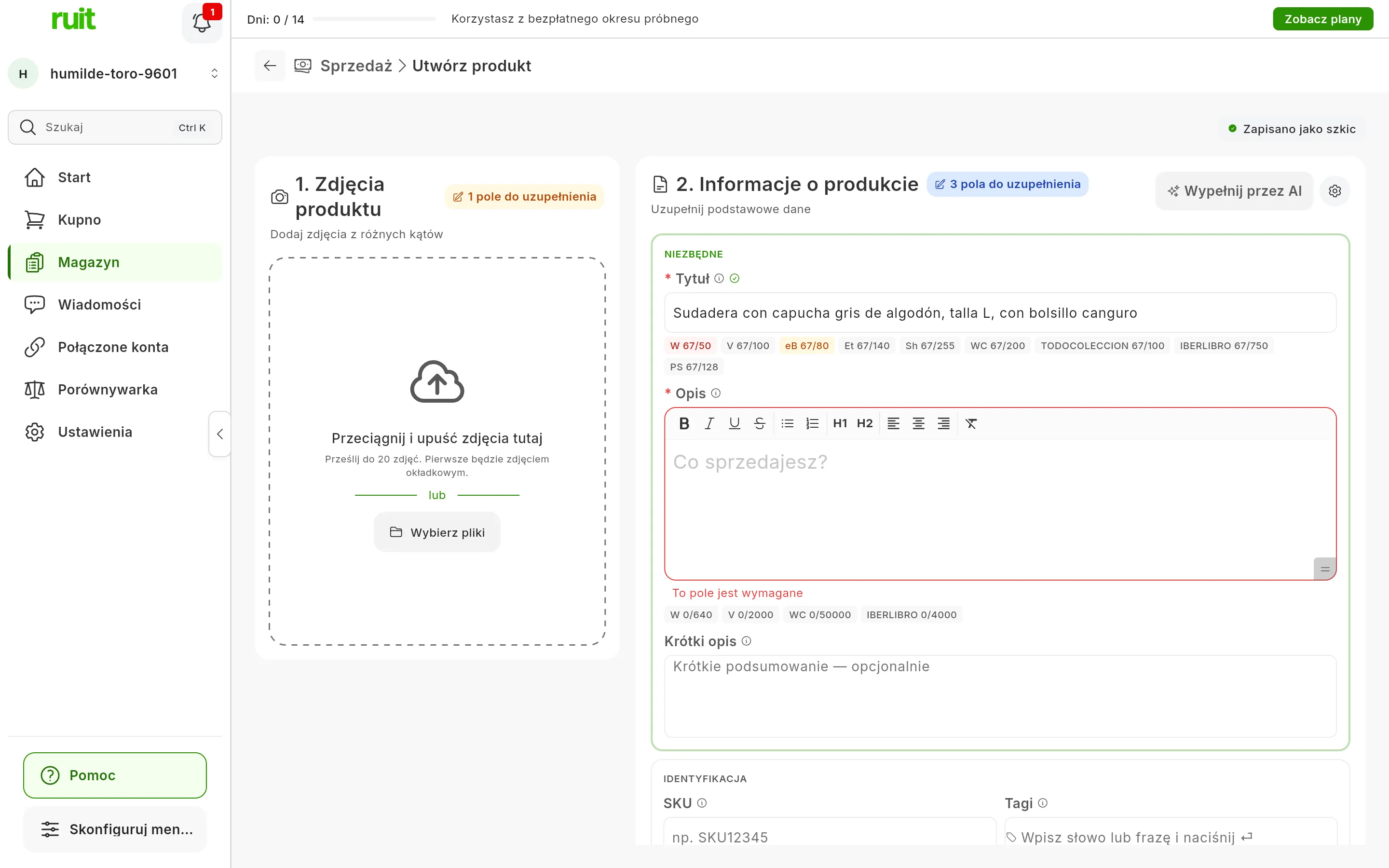 Formularz tworzenia produktu z tytułem o długości 67 znaków, a pod nim plakietka dla każdego marketplace: W 67/50 na czerwono, eB 67/80 na bursztynowo, a reszta na szaro, na przykład V 67/100 czy PS 67/128; pod jeszcze pustym opisem plakietki marketplace, które ograniczają jego długość