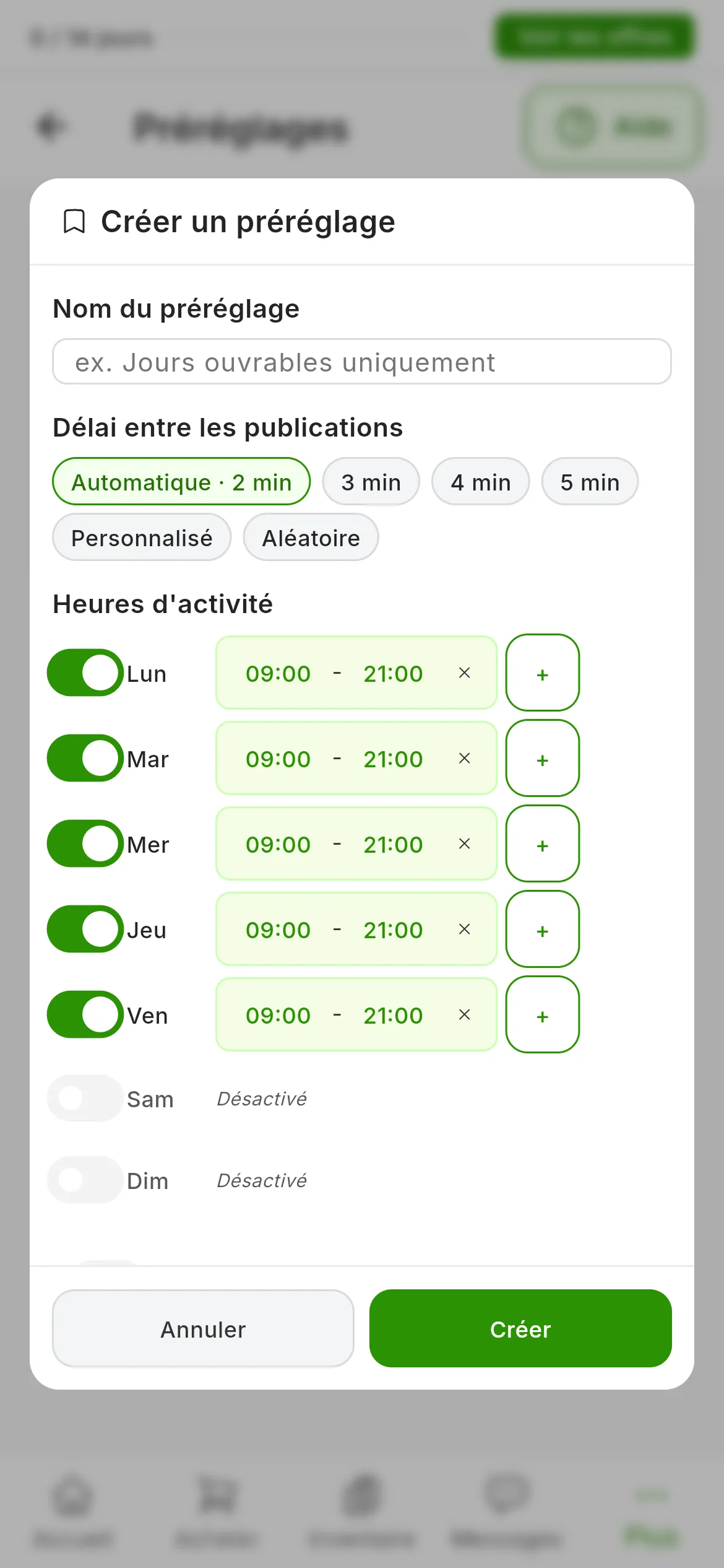 La fenêtre Créer un préréglage : Nom du préréglage vide, Délai entre les publications sur Automatique · 2 min, Heures d'activité de Lun à Ven de 09:00 à 21:00 avec Sam et Dim sur Désactivé, l'interrupteur Définir par défaut et les boutons Annuler et Créer