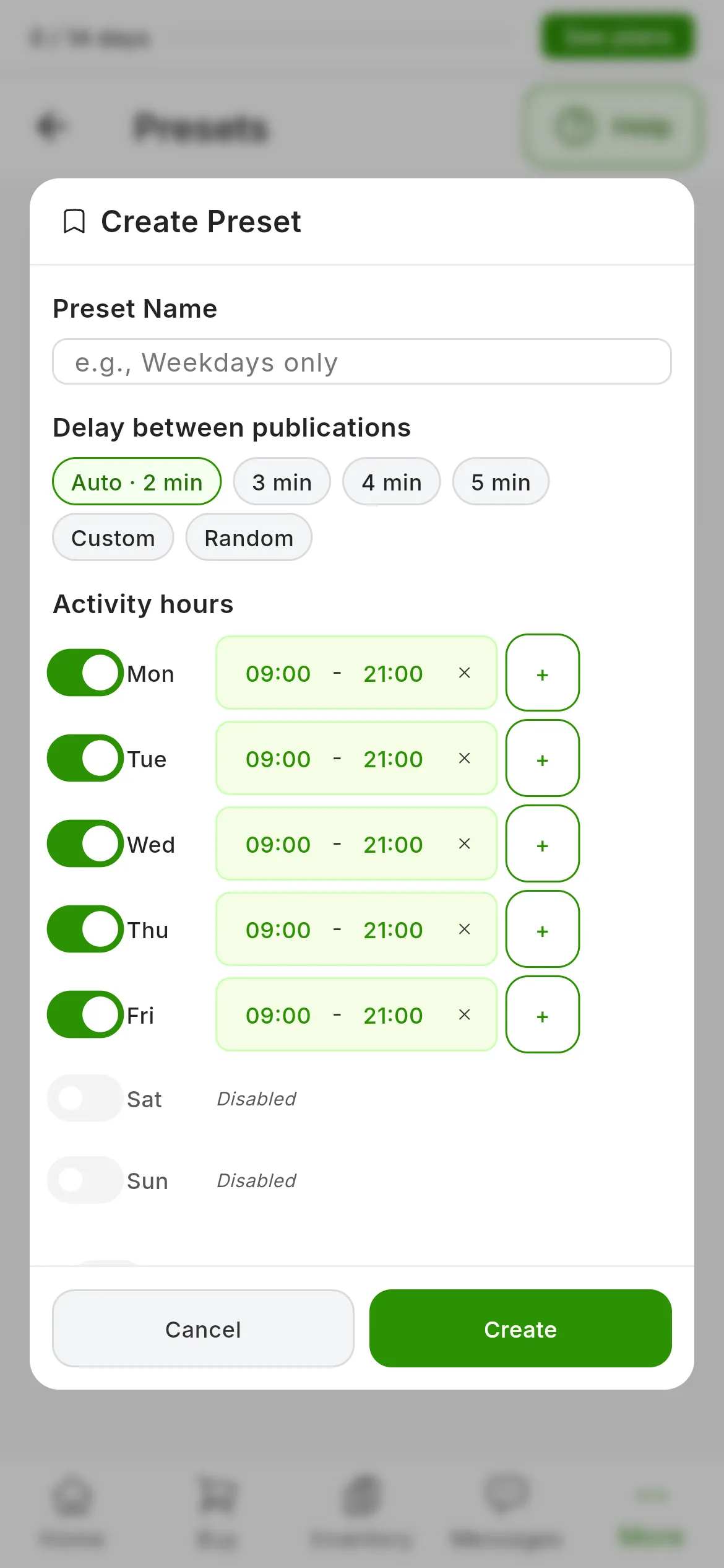 The Create Preset window: Preset Name empty, Delay between publications on Auto · 2 min, Activity hours from Mon to Fri from 09:00 to 21:00 with Sat and Sun on Disabled, the Set as default toggle and the Cancel and Create buttons