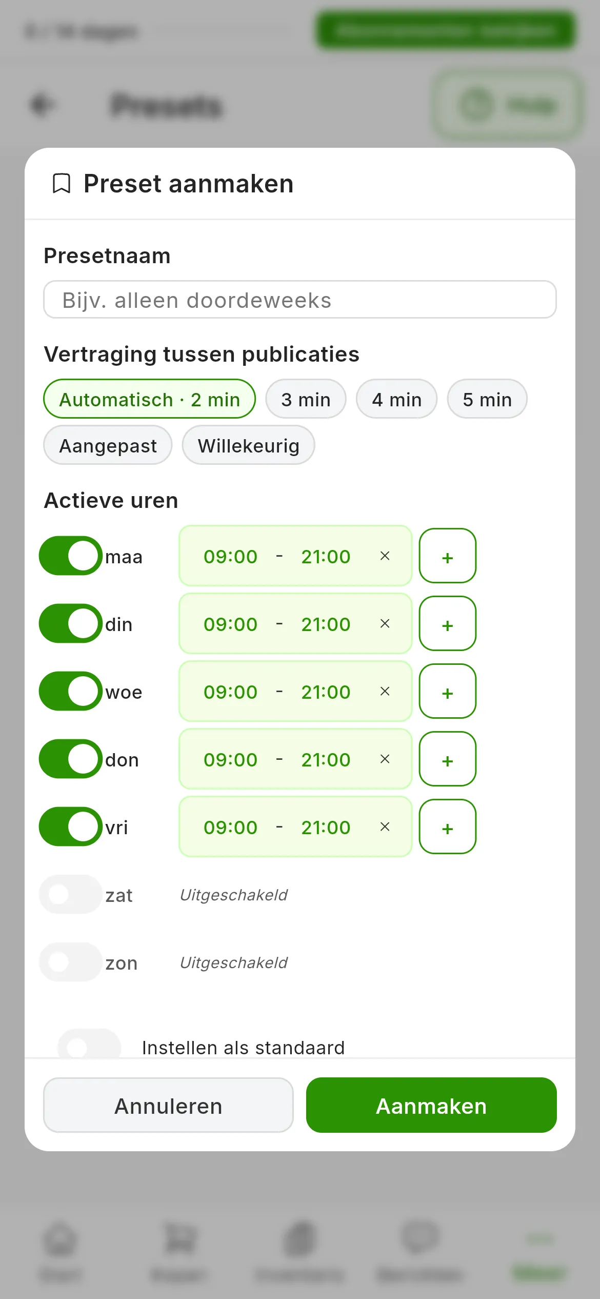 Het venster Preset aanmaken: Presetnaam leeg, Vertraging tussen publicaties op Automatisch · 2 min, Actieve uren van maandag tot en met vrijdag van 09:00 tot 21:00 met zaterdag en zondag op Uitgeschakeld, de schakelaar Instellen als standaard en de knoppen Annuleren en Aanmaken
