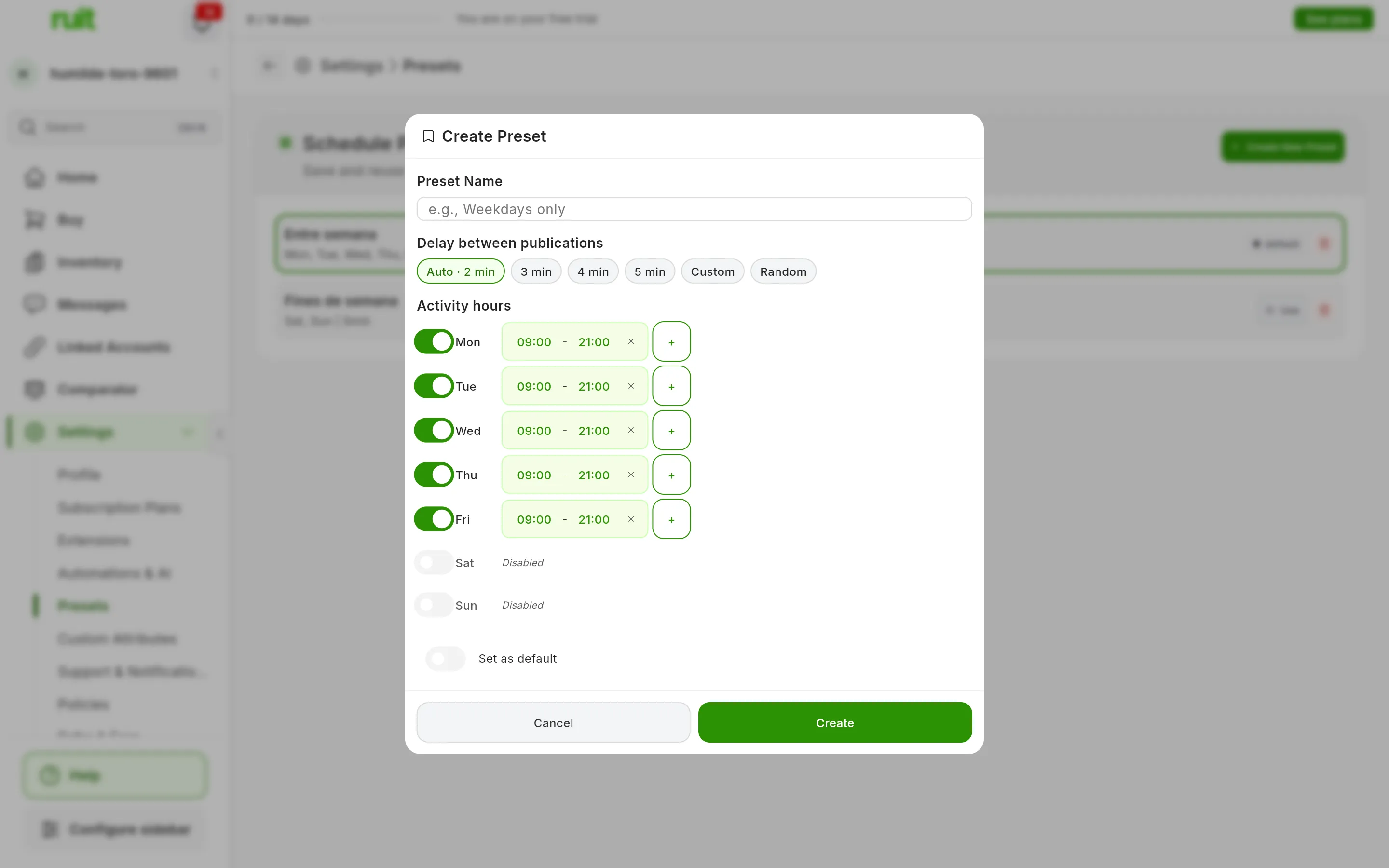 The Create Preset window: Preset Name empty, Delay between publications on Auto · 2 min, Activity hours from Mon to Fri from 09:00 to 21:00 with Sat and Sun on Disabled, the Set as default toggle and the Cancel and Create buttons