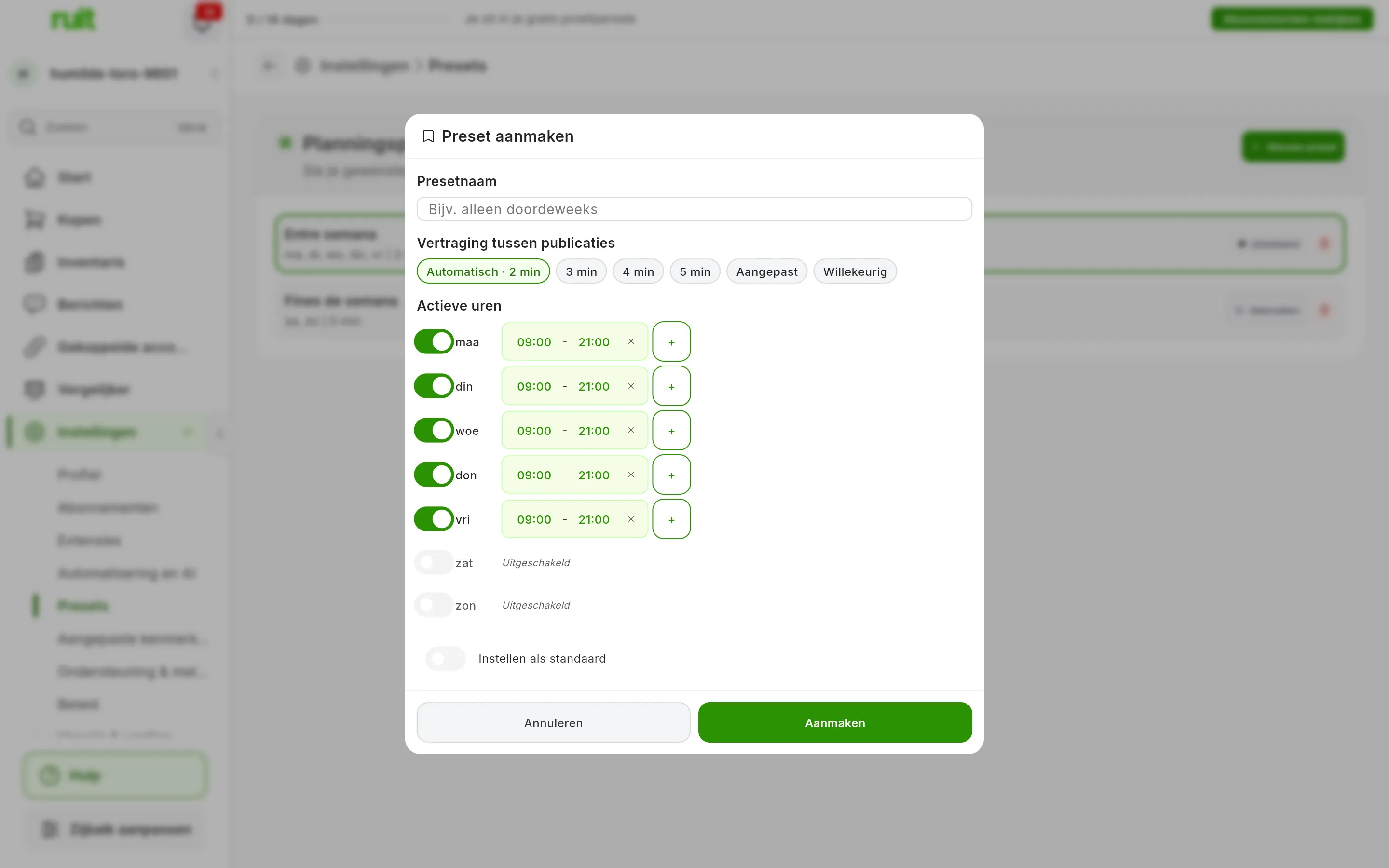 Het venster Preset aanmaken: Presetnaam leeg, Vertraging tussen publicaties op Automatisch · 2 min, Actieve uren van maandag tot en met vrijdag van 09:00 tot 21:00 met zaterdag en zondag op Uitgeschakeld, de schakelaar Instellen als standaard en de knoppen Annuleren en Aanmaken