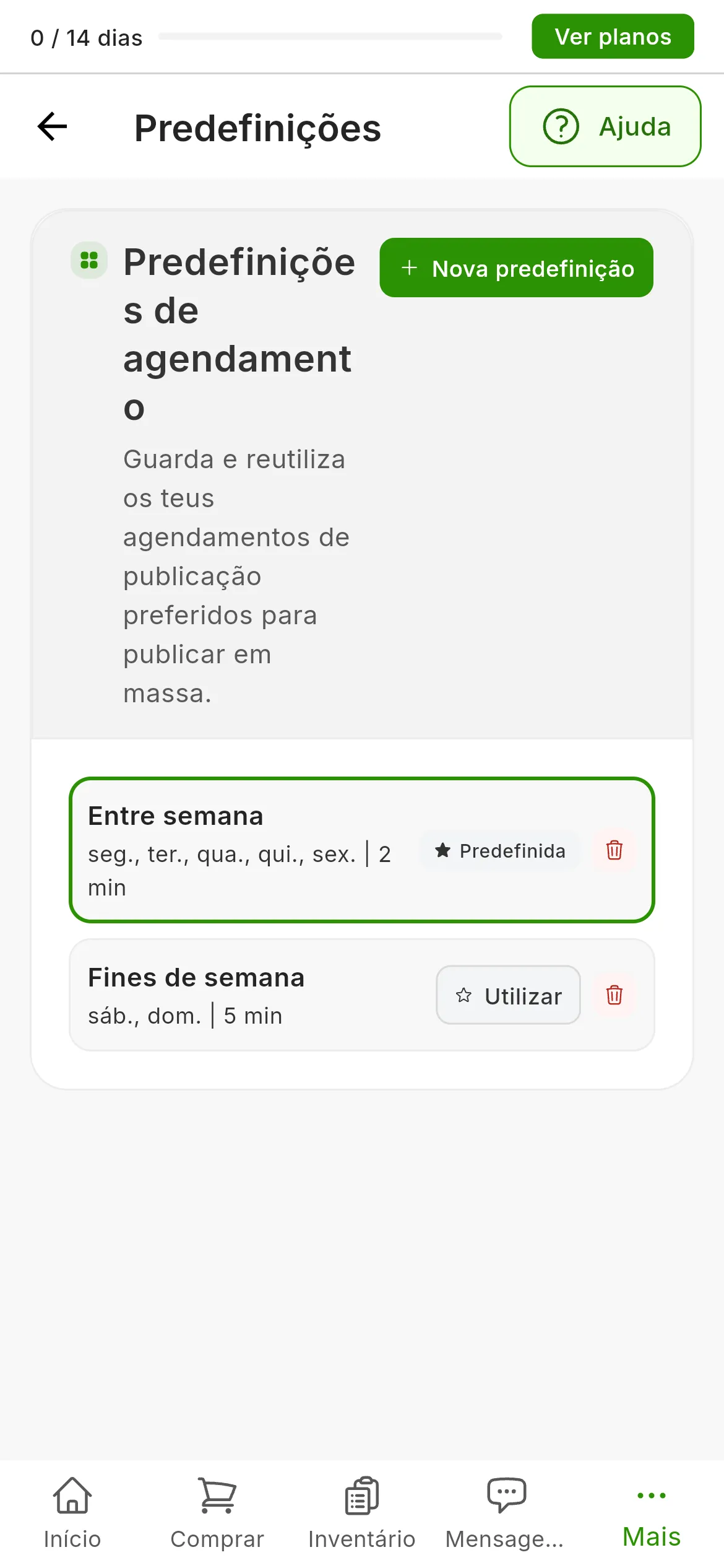 Definições → Predefinições: a página Predefinições de agendamento com o botão Nova predefinição e duas predefinições, Entre semana com a marca Predefinida e Fines de semana com o botão Utilizar; cada uma com o seu ícone do lixo