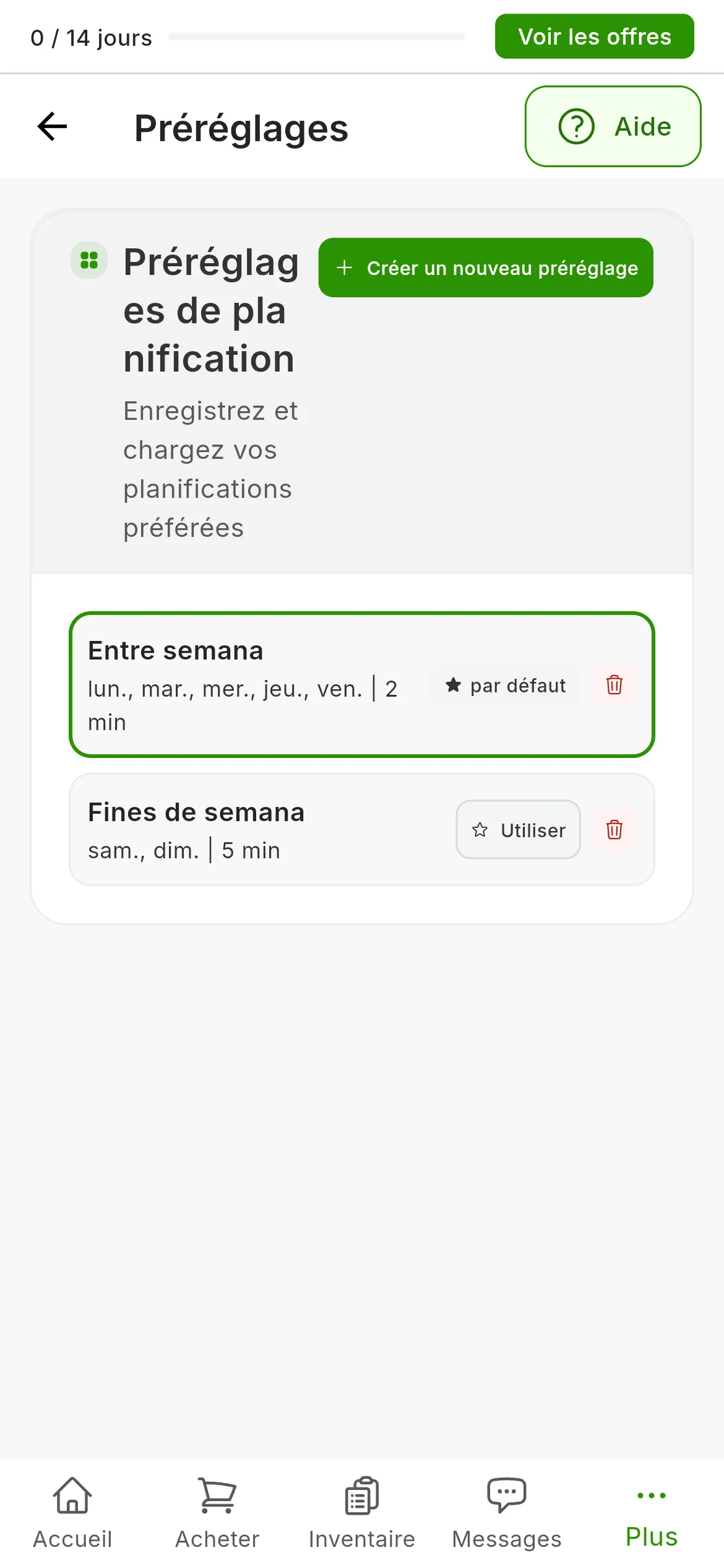 Paramètres → Préréglages : la page Préréglages de planification avec le bouton Créer un nouveau préréglage et deux préréglages, Entre semana avec la mention par défaut et Fines de semana avec le bouton Utiliser ; chacun avec sa corbeille