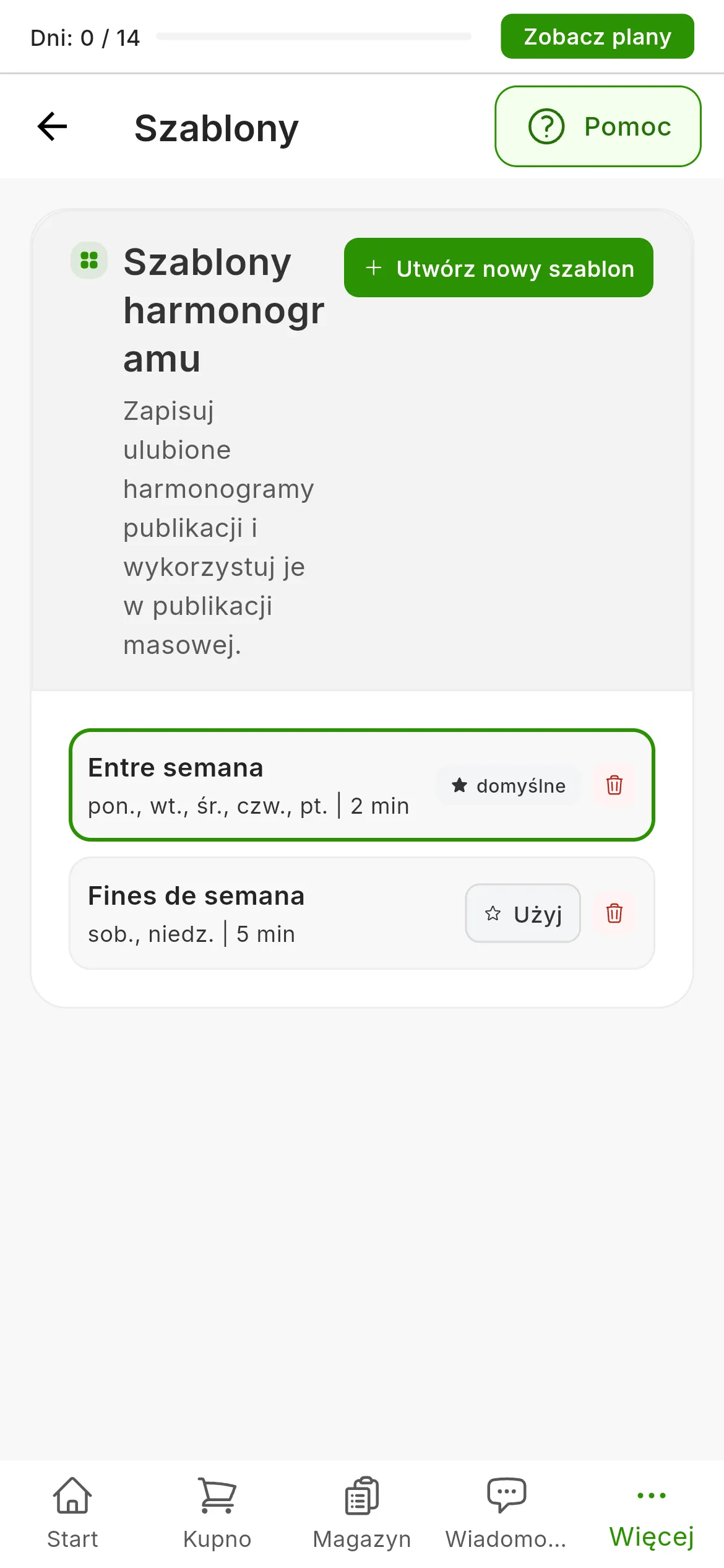 Ustawienia → Szablony: strona Szablony harmonogramu z przyciskiem Utwórz nowy szablon i dwoma szablonami, Entre semana z oznaczeniem domyślne i Fines de semana z przyciskiem Użyj; każdy z ikoną kosza