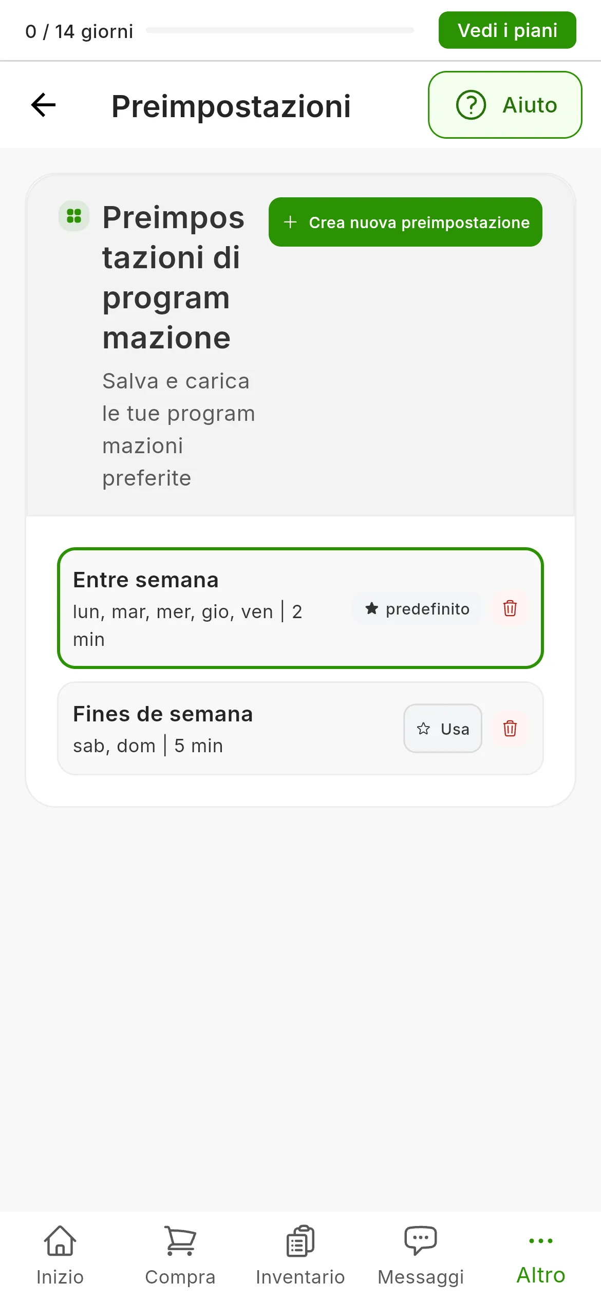Impostazioni → Preimpostazioni: la pagina Preimpostazioni di programmazione con il pulsante Crea nuova preimpostazione e due preset, Entre semana con il segno predefinito e Fines de semana con il pulsante Usa; ognuno con il suo cestino