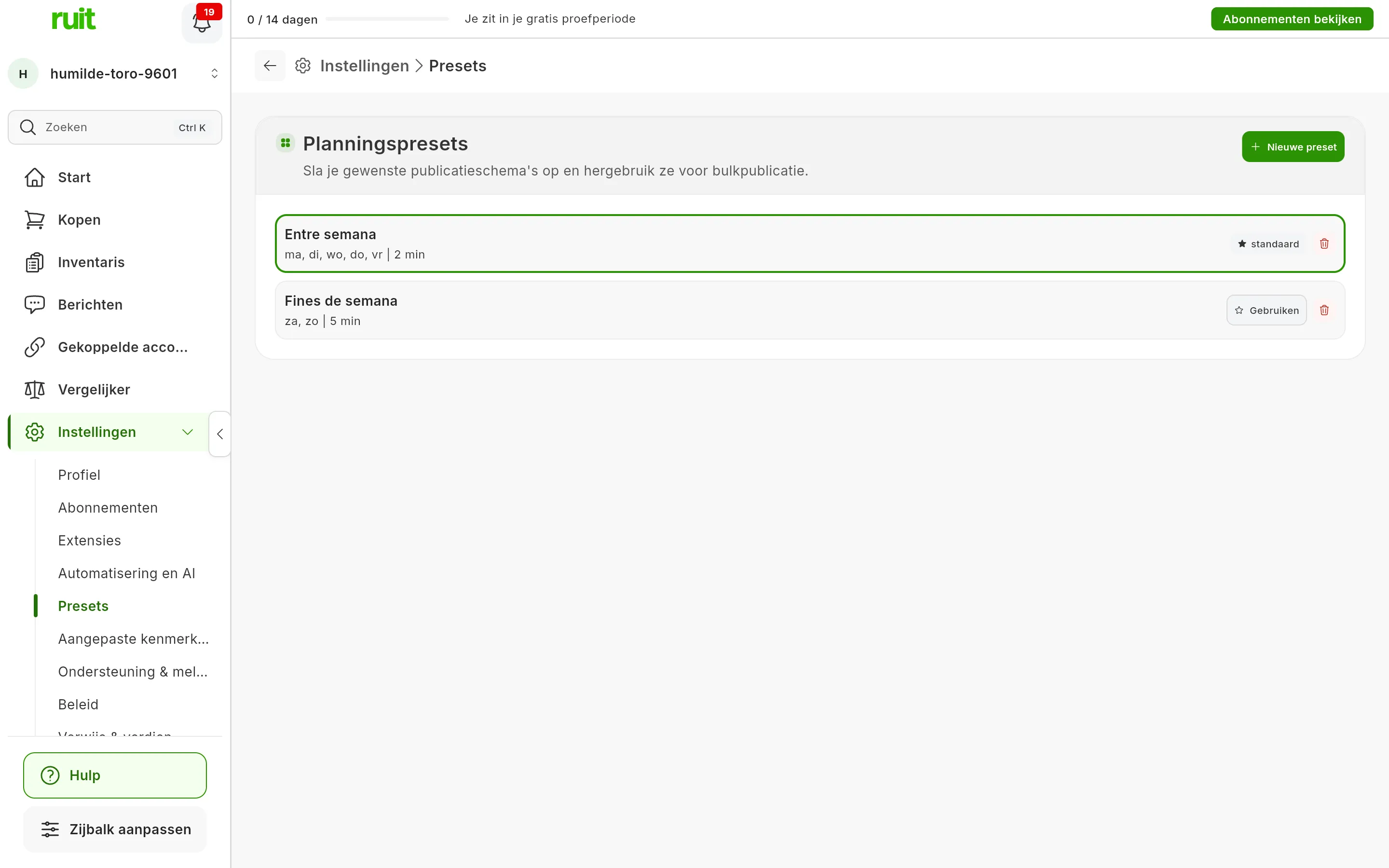 Instellingen → Presets: de pagina Planningspresets met de knop Nieuwe preset en twee presets, Entre semana met het label standaard en Fines de semana met de knop Gebruiken; elk met een prullenbak