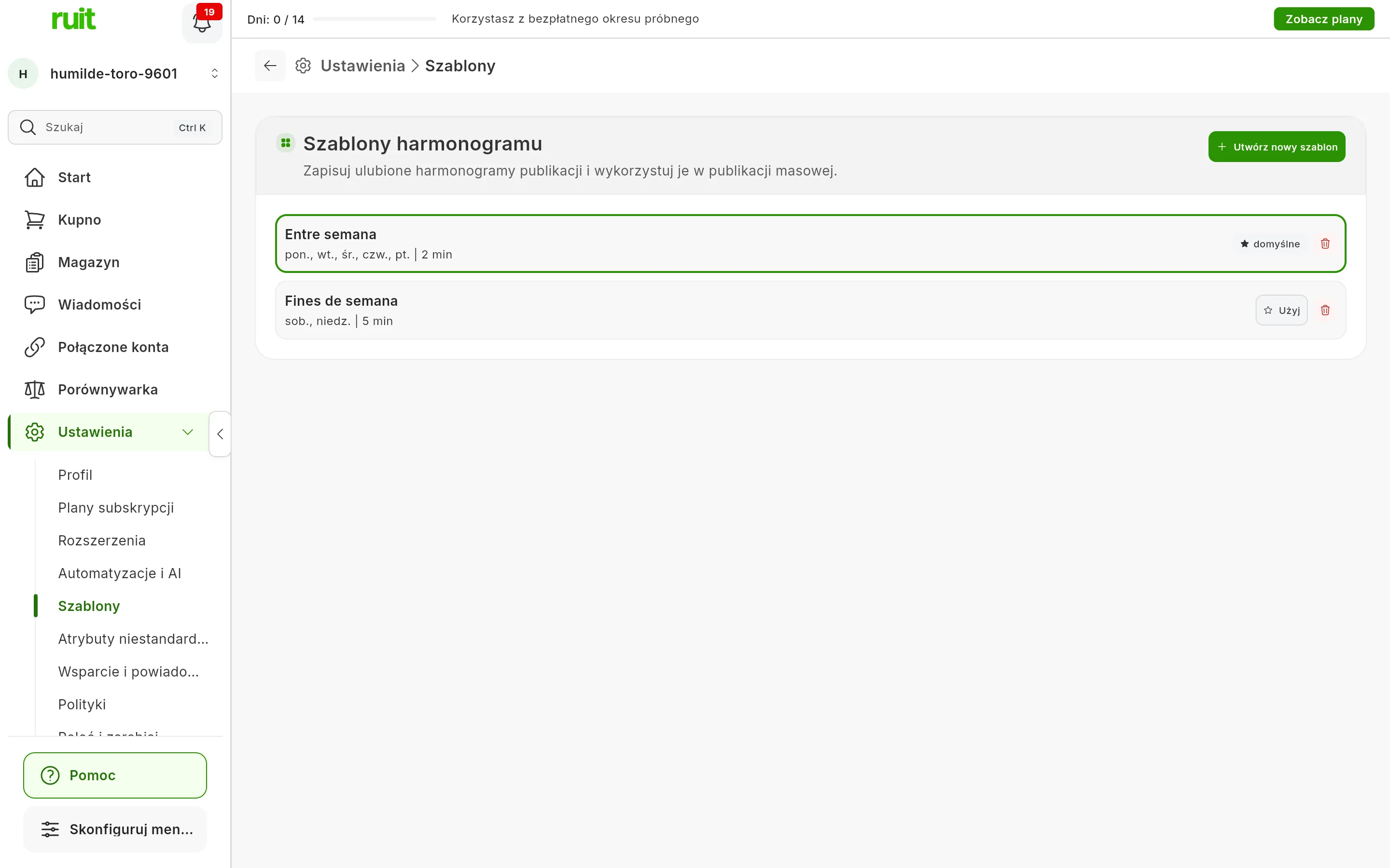 Ustawienia → Szablony: strona Szablony harmonogramu z przyciskiem Utwórz nowy szablon i dwoma szablonami, Entre semana z oznaczeniem domyślne i Fines de semana z przyciskiem Użyj; każdy z ikoną kosza